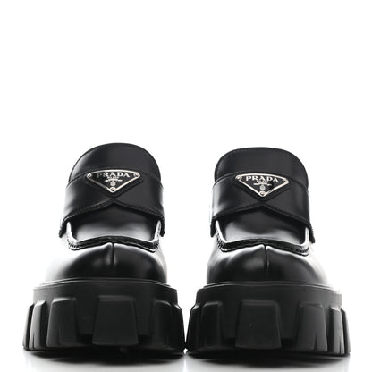 Prada Spazzolato Rois Metal Triangle Logo Monolith 55mm Loafers 37 Black 2 of 8