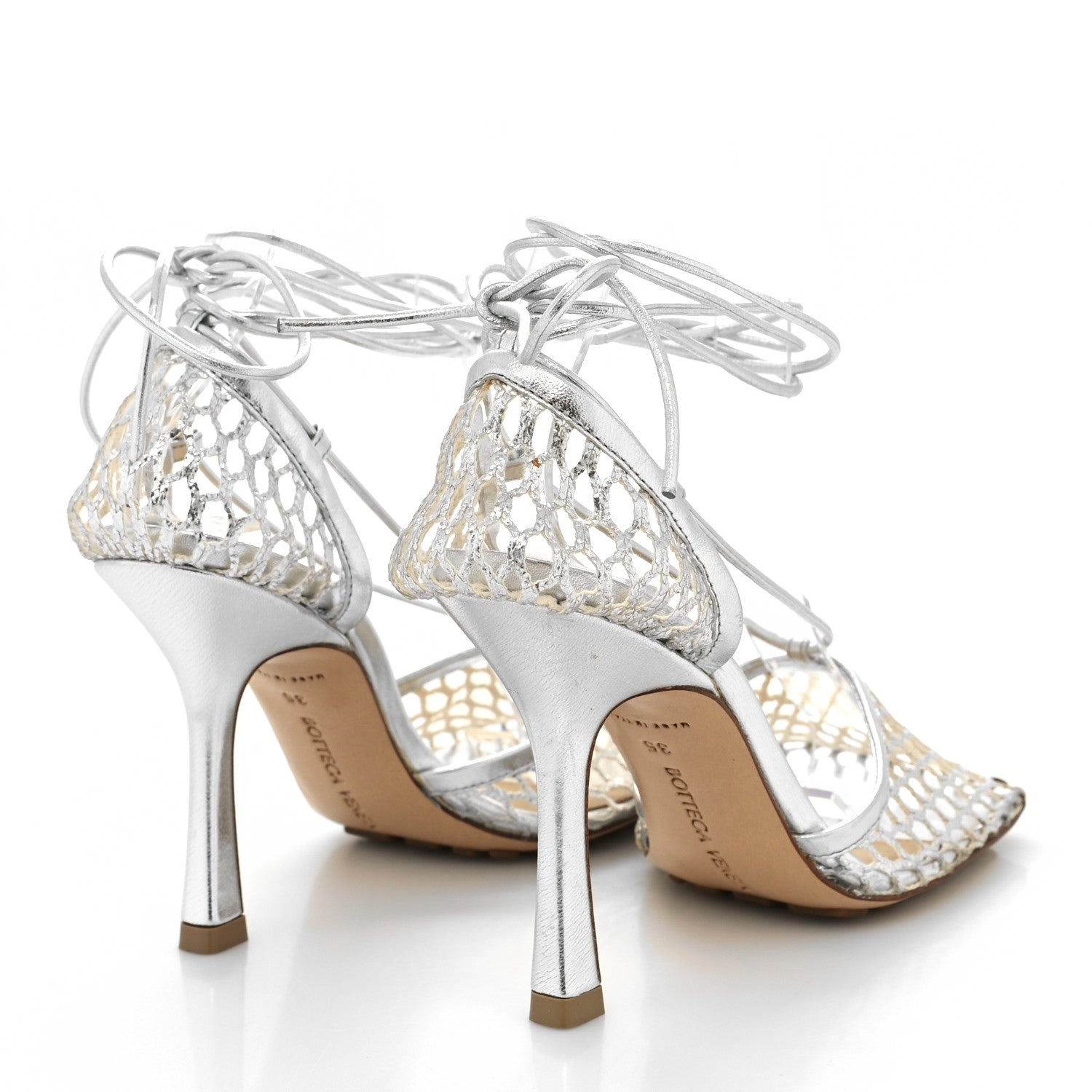 Bottega Veneta Mesh Metallic Nappa Stretch Ankle Tie Sandals 35 Silver 4 of 8