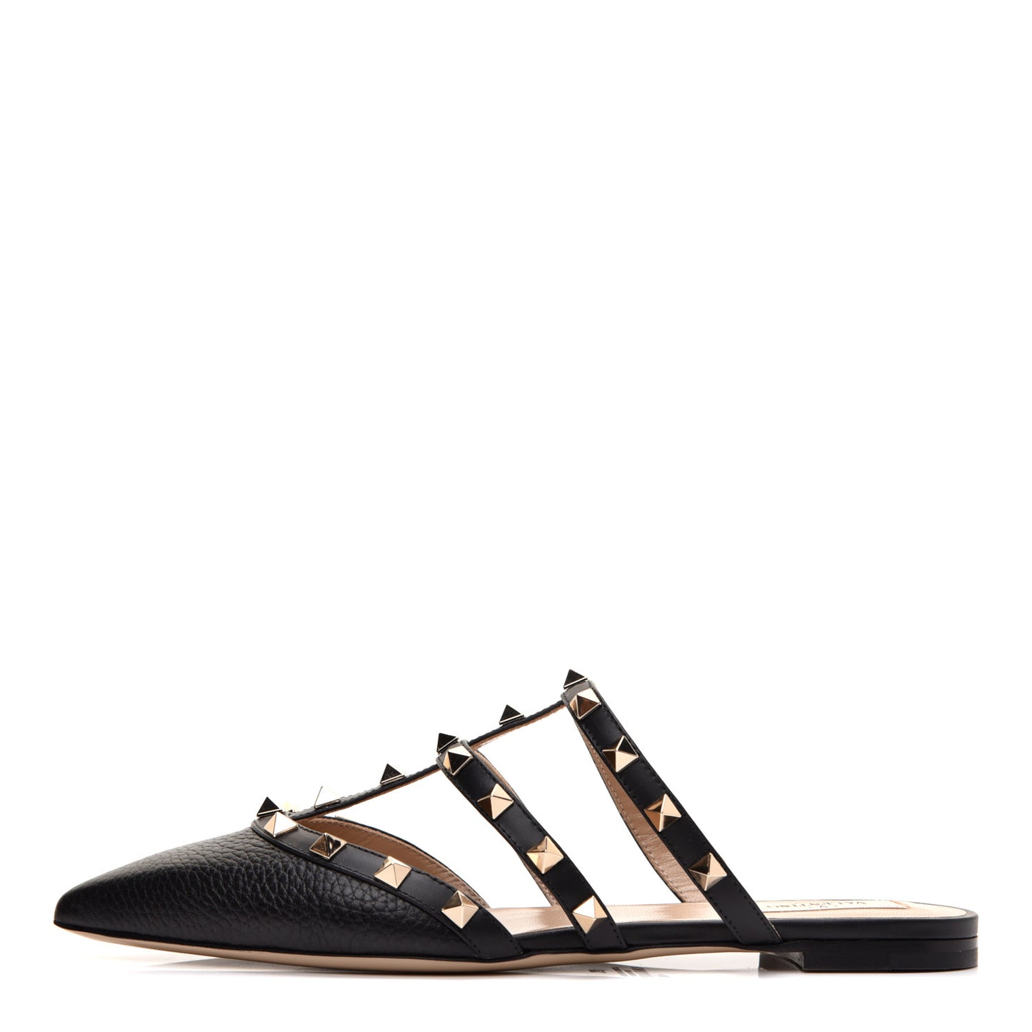 Pebbled Calfskin Rockstud Flat Cage Mules 37 Black
