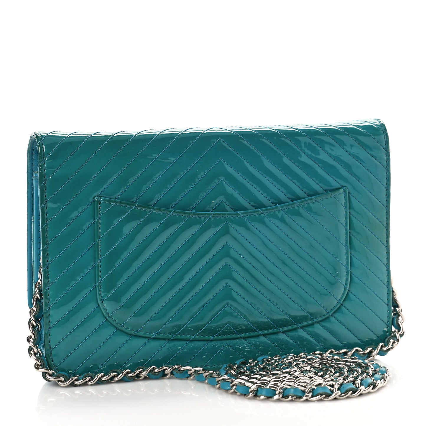 Patent Calfskin Chevron Quilted Wallet On Chain WOC Blue