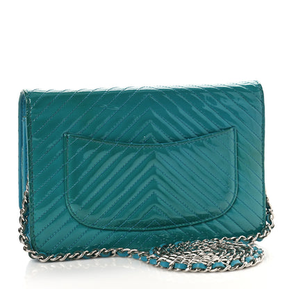 Chanel Patent Calfskin Chevron Quilted Wallet On Chain WOC Blue 3 of 10