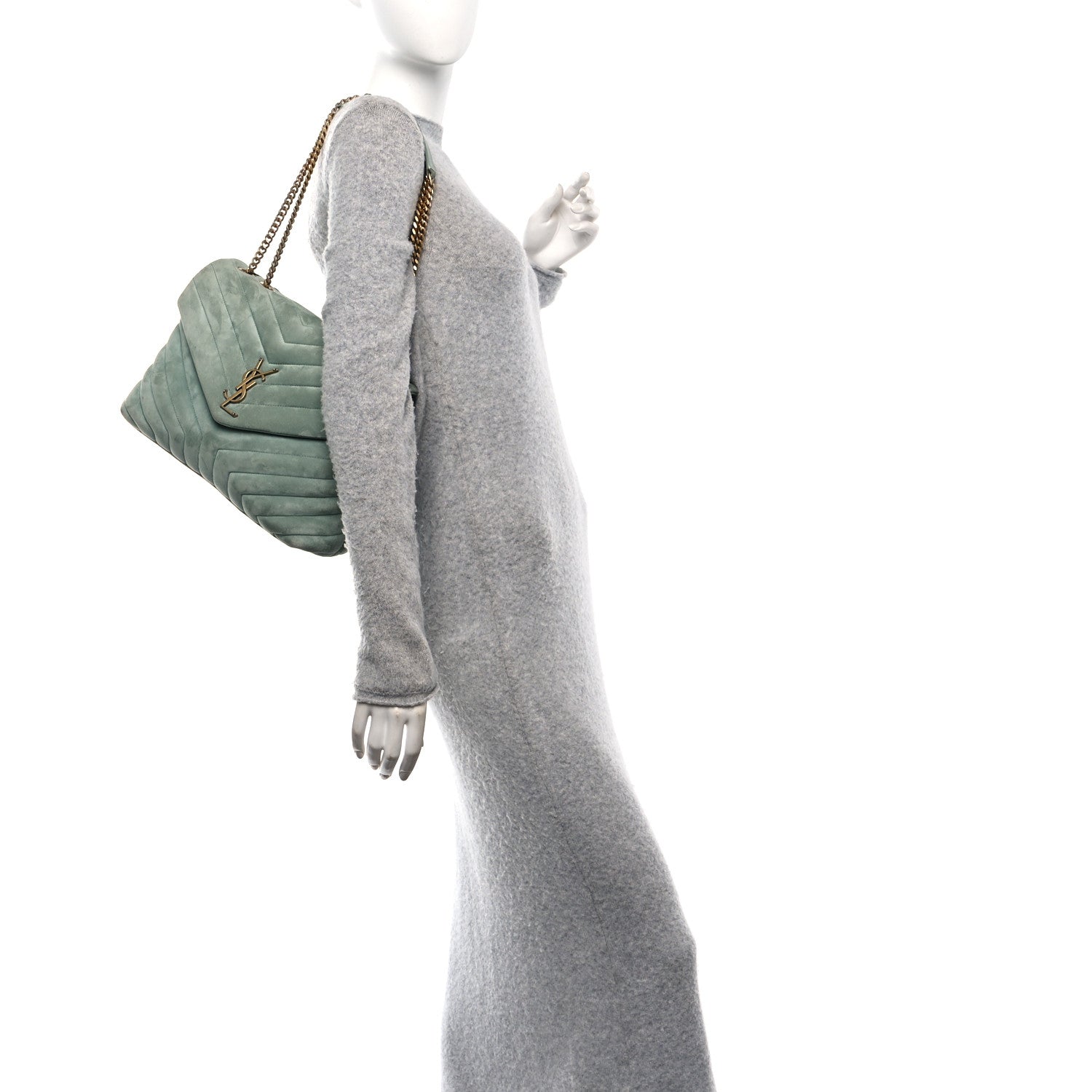 Saint Laurent Suede Y Quilted Monogram Medium Loulou Chain Satchel Vert Opaline 2 of 12