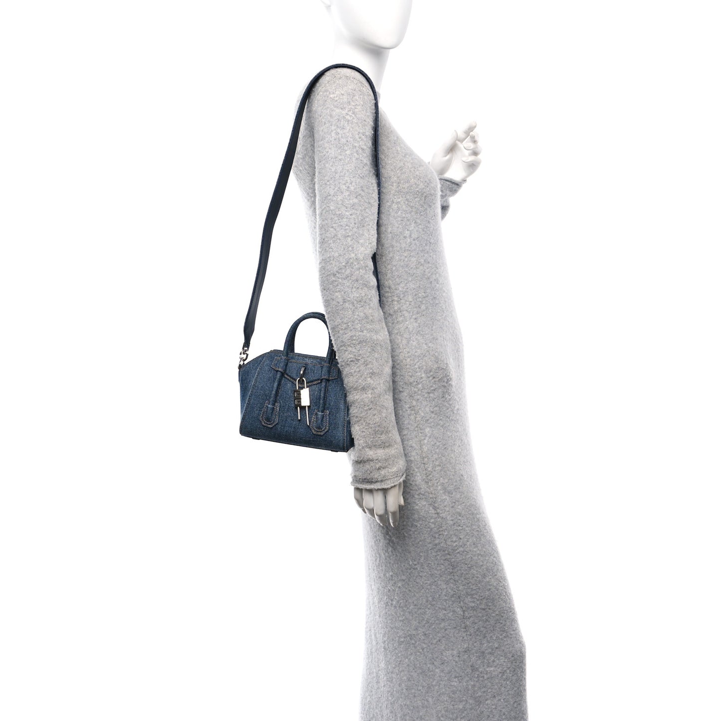 Denim Mini Lock Antigona Shoulder Bag Blue