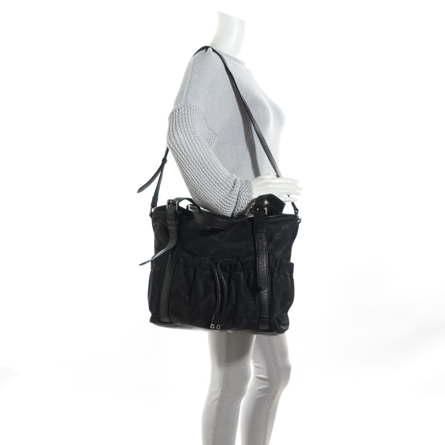 Burberry Nylon Tonal Check Drawstring Tote Black 2 of 8