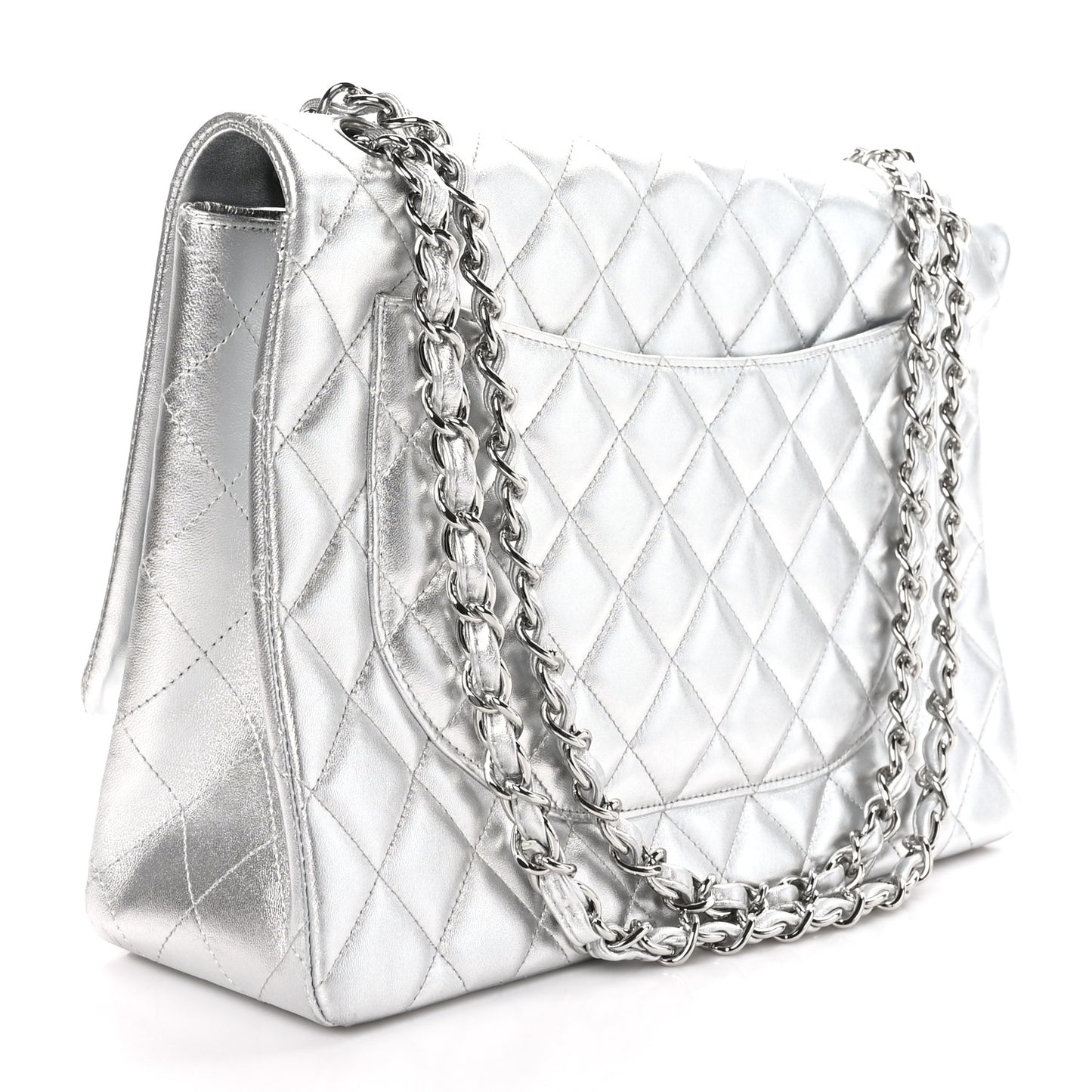 Metallic Lambskin Quilted Maxi Single Flap Silver