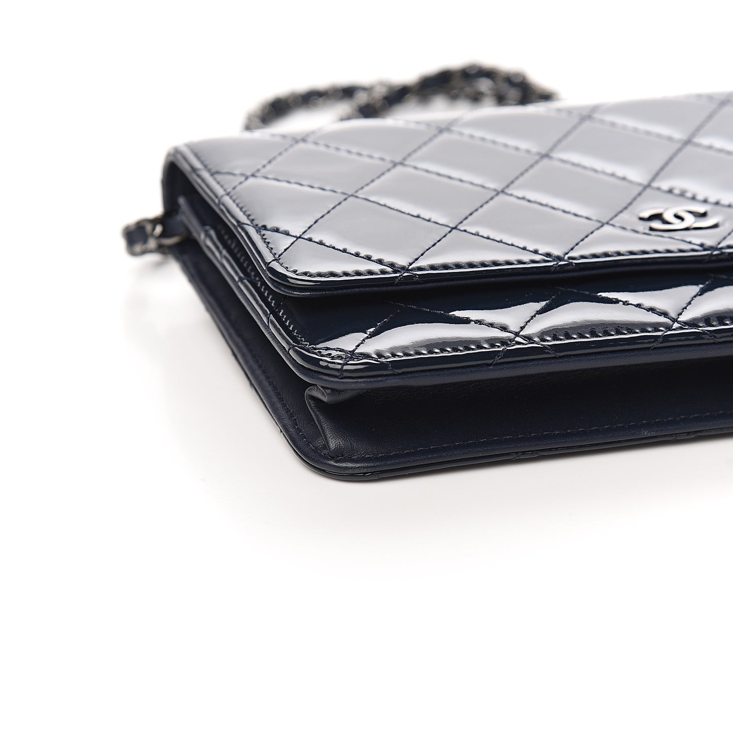 Patent Quilted Wallet On Chain WOC Navy Blue