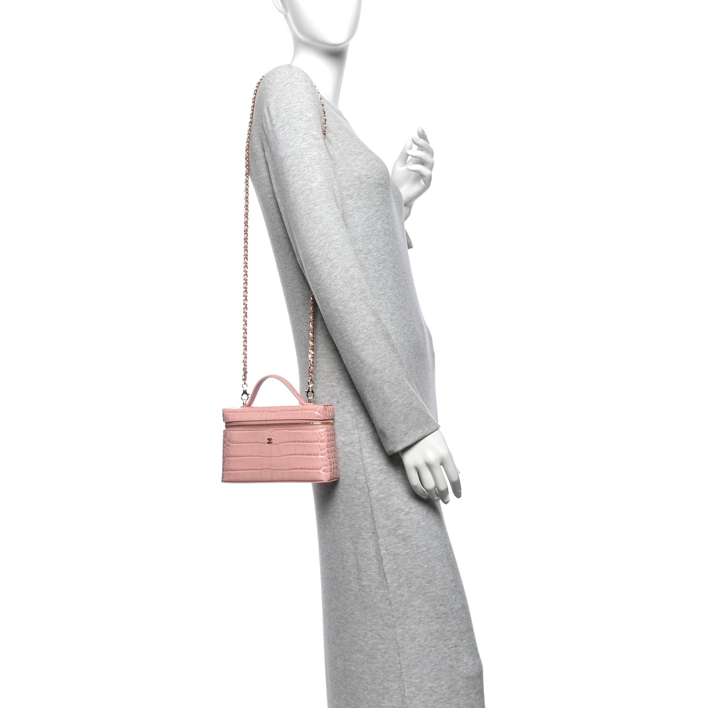Calfskin Crocodile Embossed Crococo Top Handle Slim Vanity Case With Chain Light Pink