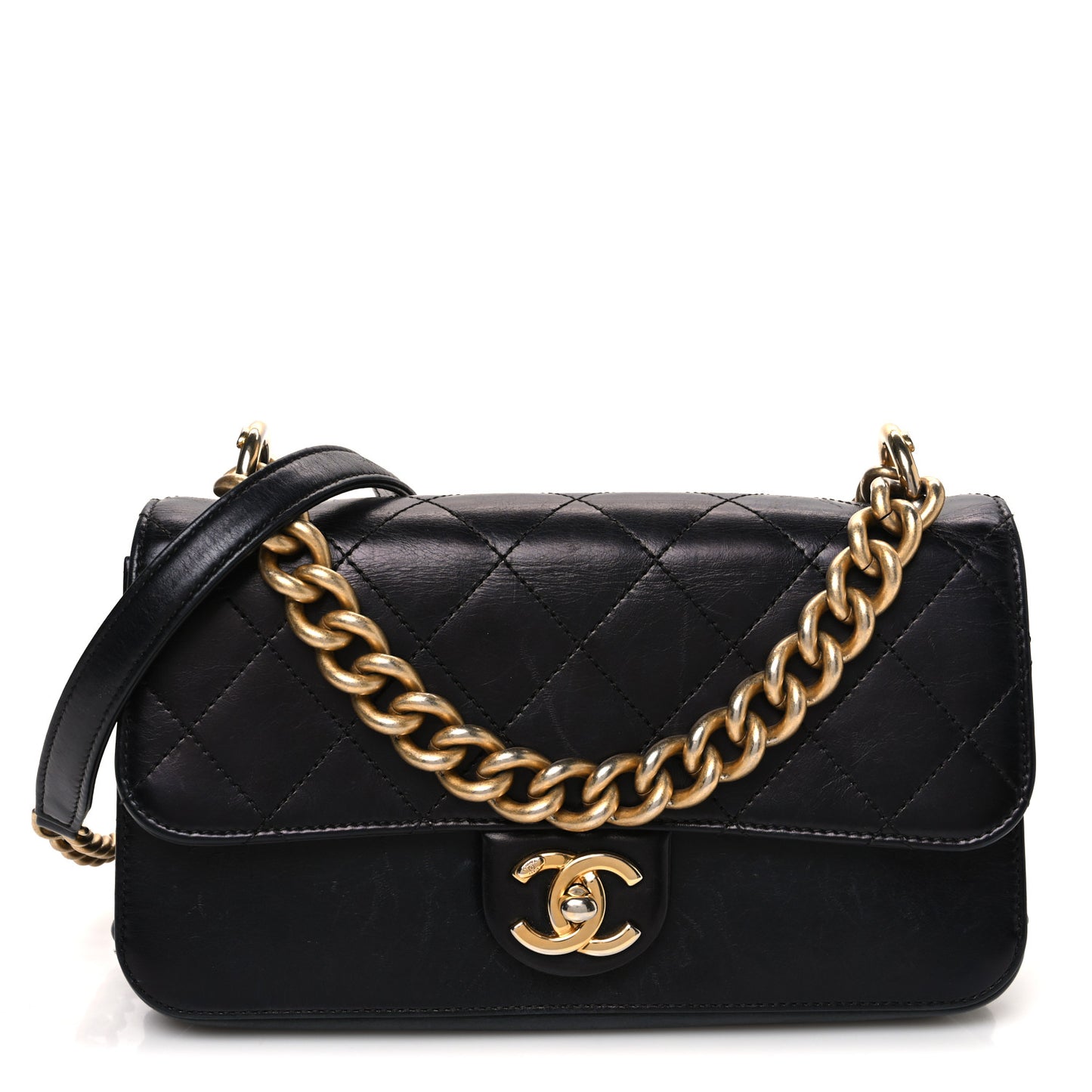 Glazed Calfskin Quilted Small Straight Lined Flap Black