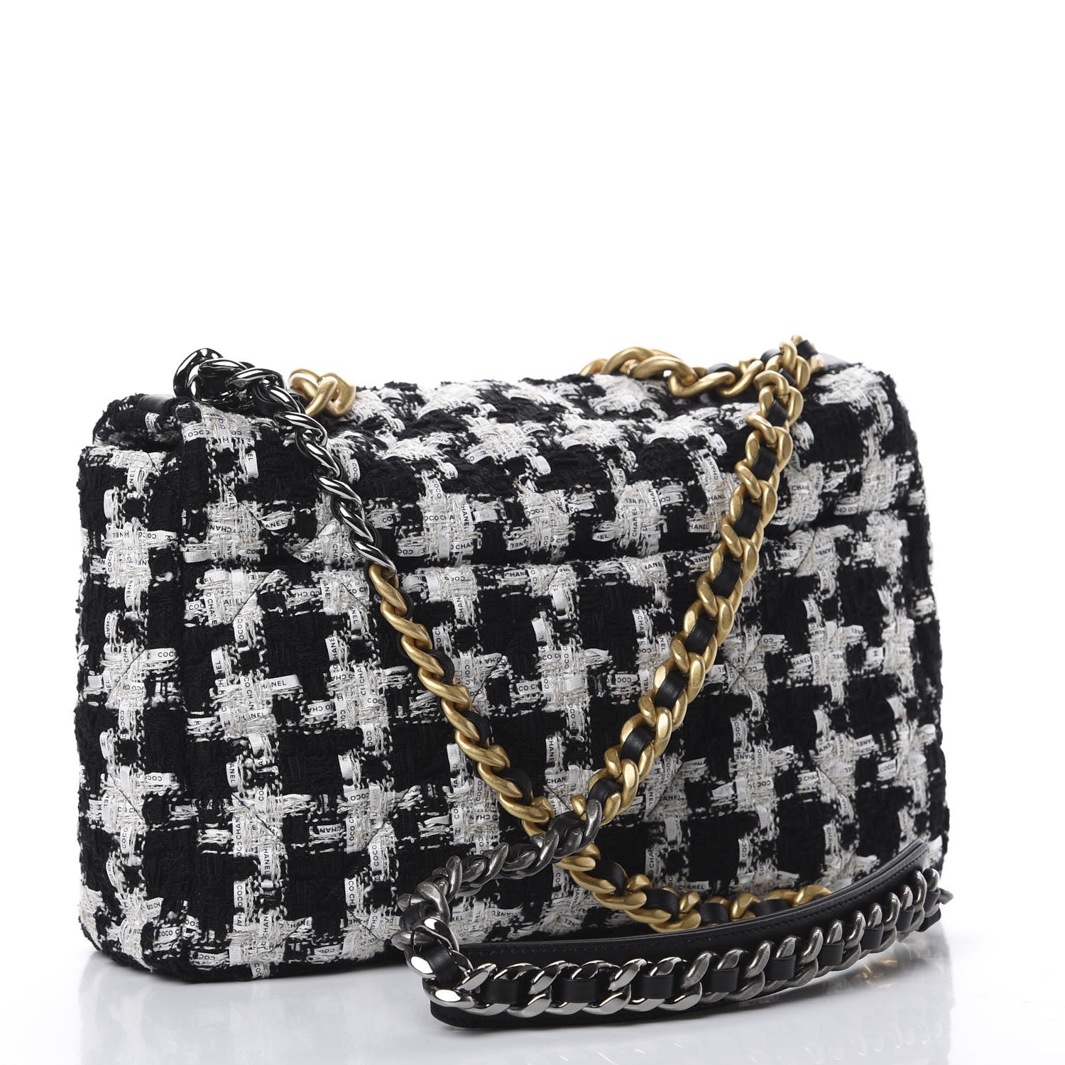 Chanel Tweed Quilted Large 19 Flap Black Ecru White 2 of 9