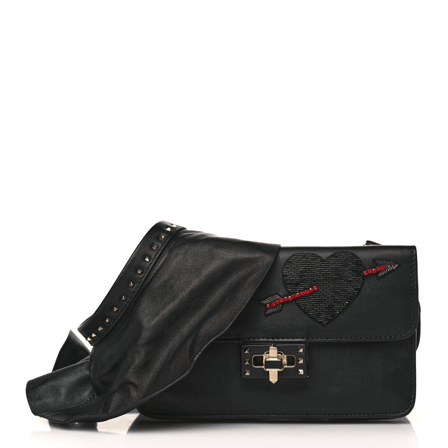 Calfskin Crystal Bead Embellished Mini Rockstud Love Story Ruffle Strap Bag Black
