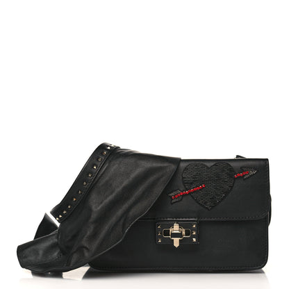 Valentino Garavani Calfskin Crystal Bead Embellished Mini Rockstud Love Story Ruffle Strap Bag Black 1 of 9