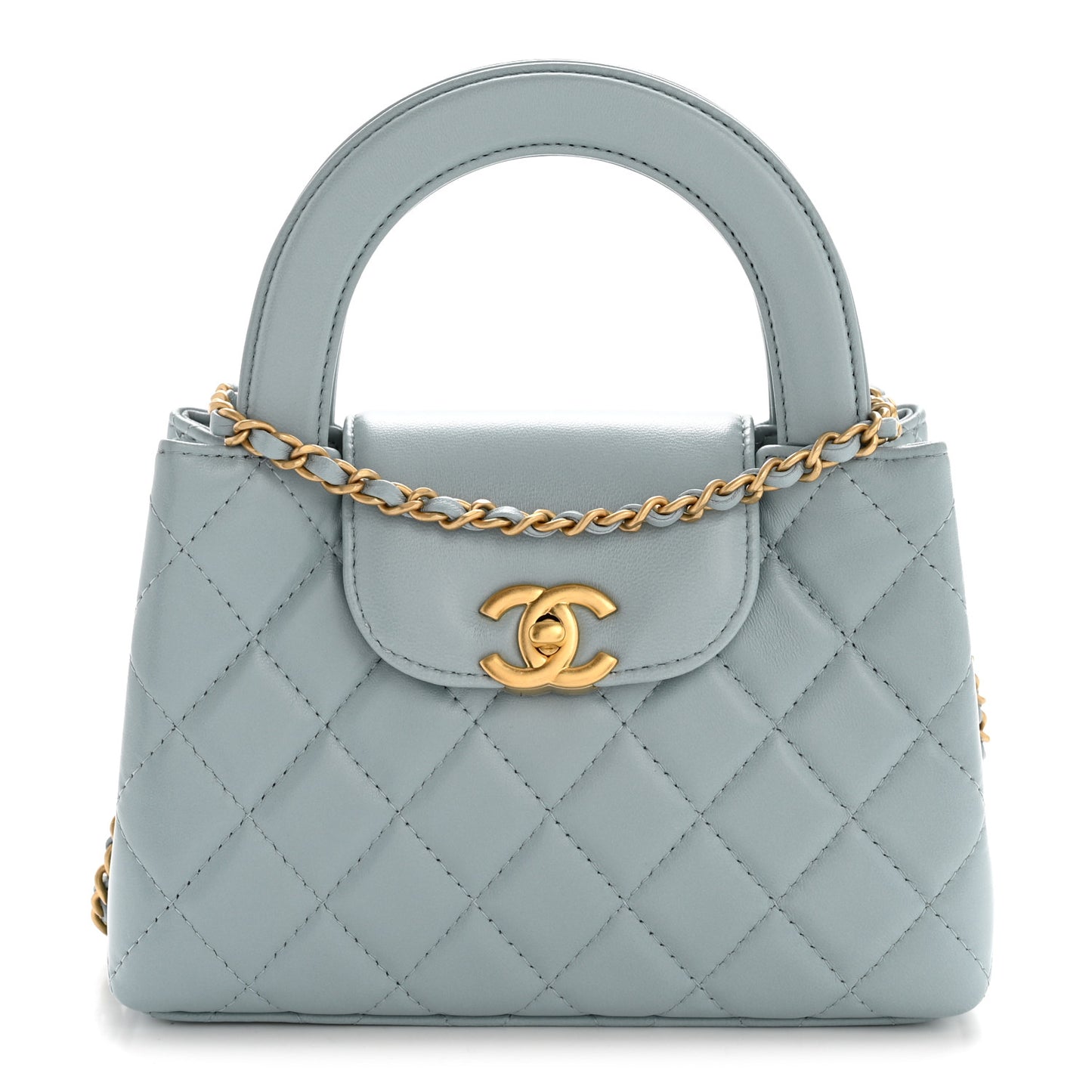 Shiny Aged Calfskin Quilted Nano Kelly Shopper Light Blue