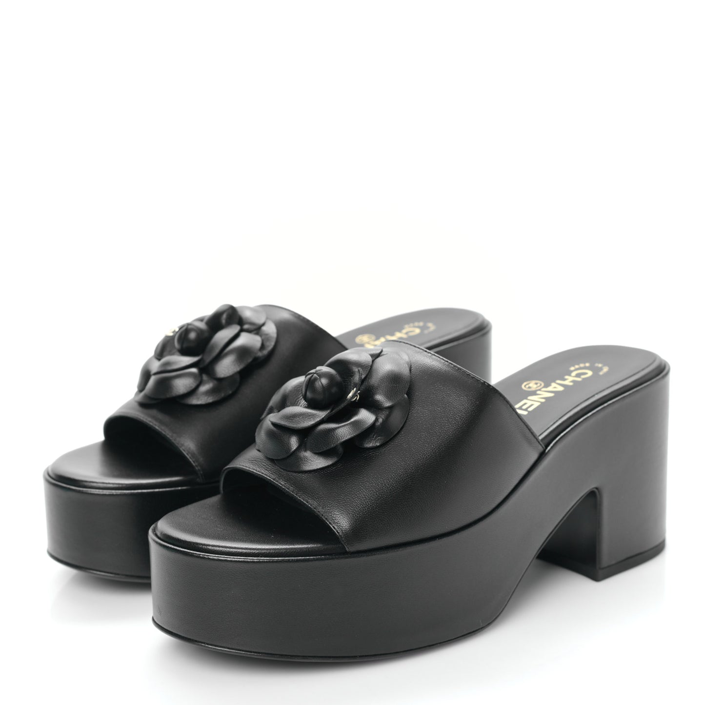 Lambskin Camellia Platform Mules 39.5 Black