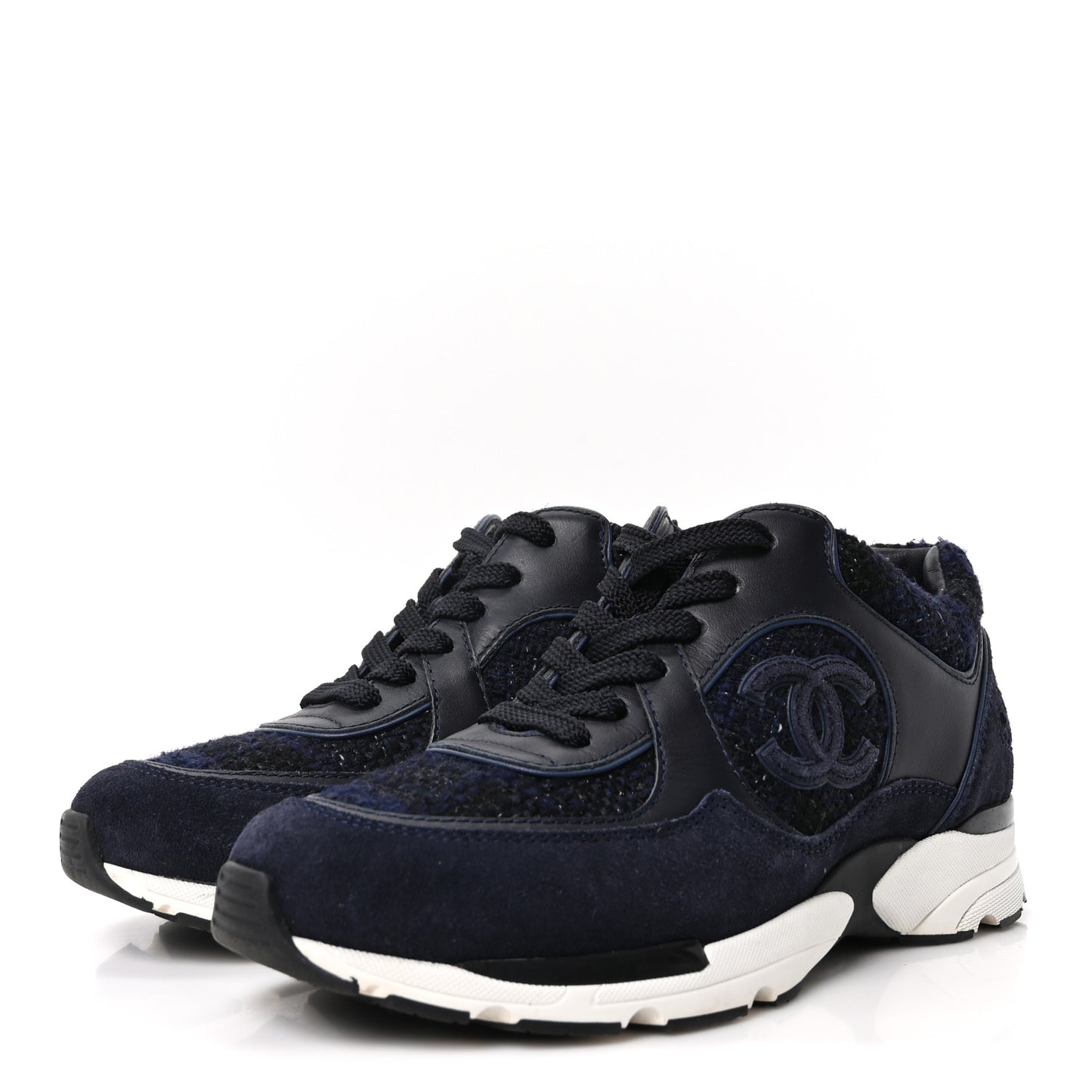 Iridescent Wool Tweed Suede Womens CC Sneakers 36 Navy Black White