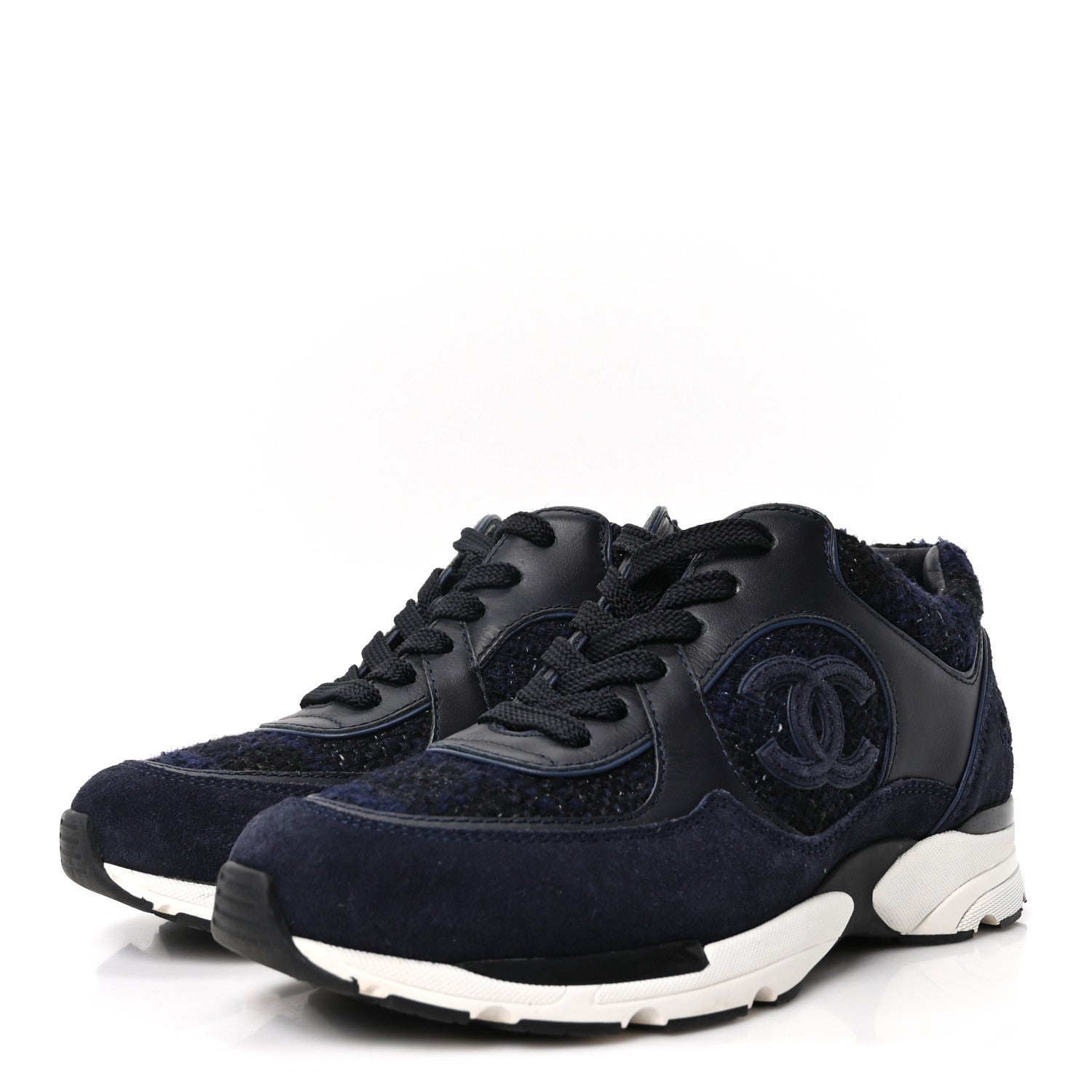 Chanel Iridescent Wool Tweed Suede Womens CC Sneakers 36 Navy Black White 4 of 9
