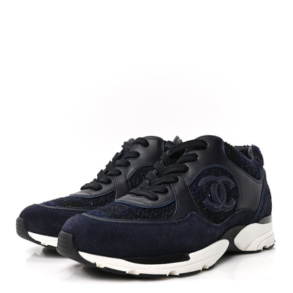 Chanel Iridescent Wool Tweed Suede Womens CC Sneakers 36 Navy Black White 4 of 9