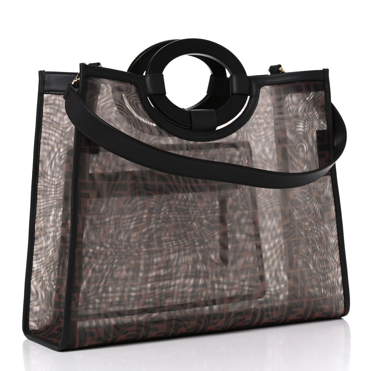 Fendi Mesh Vitello Century Cuoio FF 1974 Medium Runaway Shopper Tote Marrone Black Ebano 3 of 13