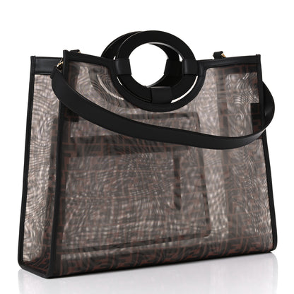 Fendi Mesh Vitello Century Cuoio FF 1974 Medium Runaway Shopper Tote Marrone Black Ebano 3 of 13