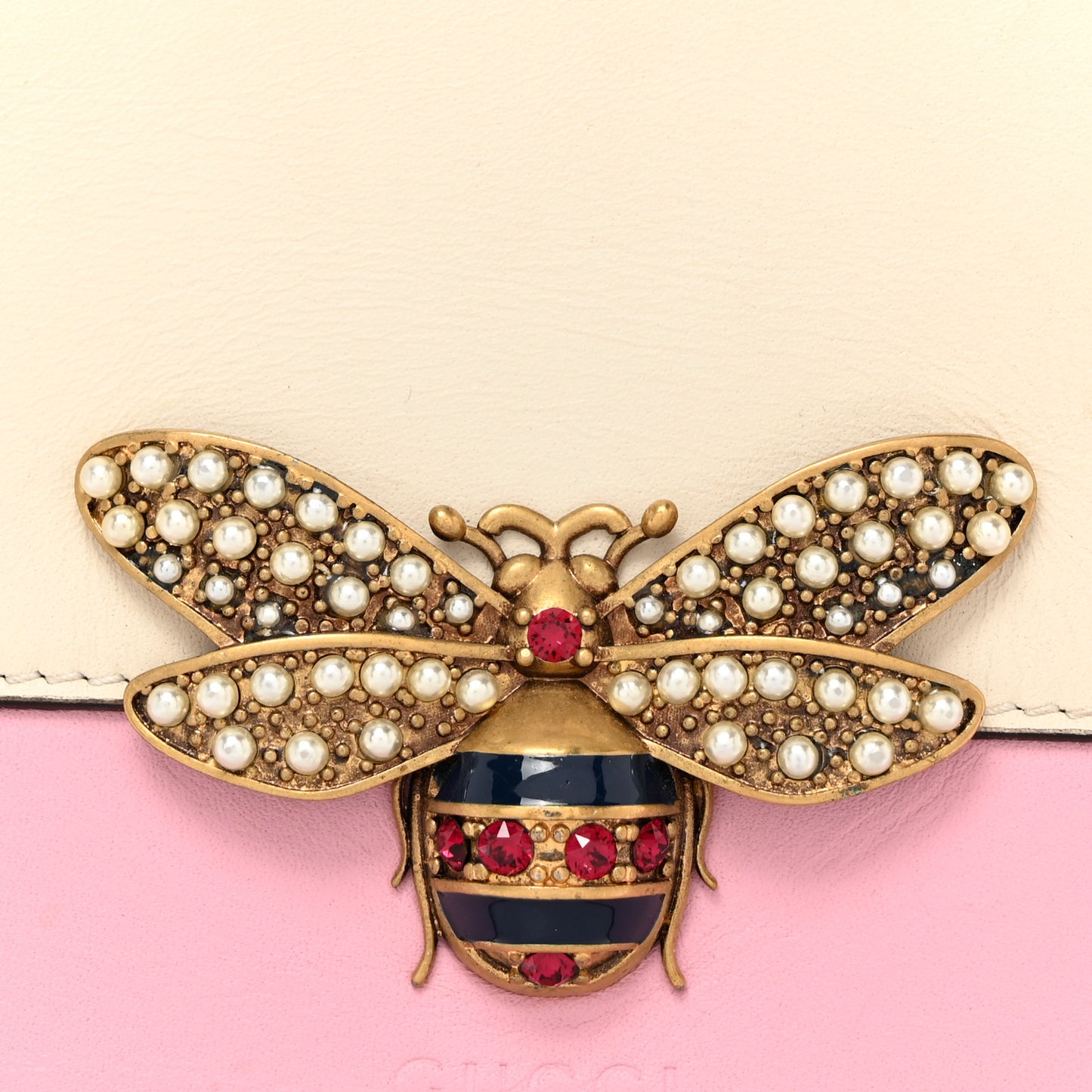 Calfskin Striped Oversized Bee Zip Pouch White Pink Red