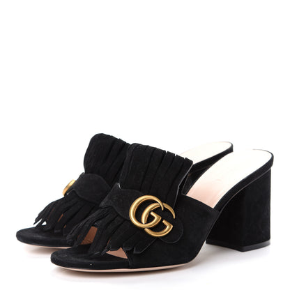 Gucci Kid Scamosciato GG Marmont Fringe 75mm Slide Sandals 38 Black 3 of 10
