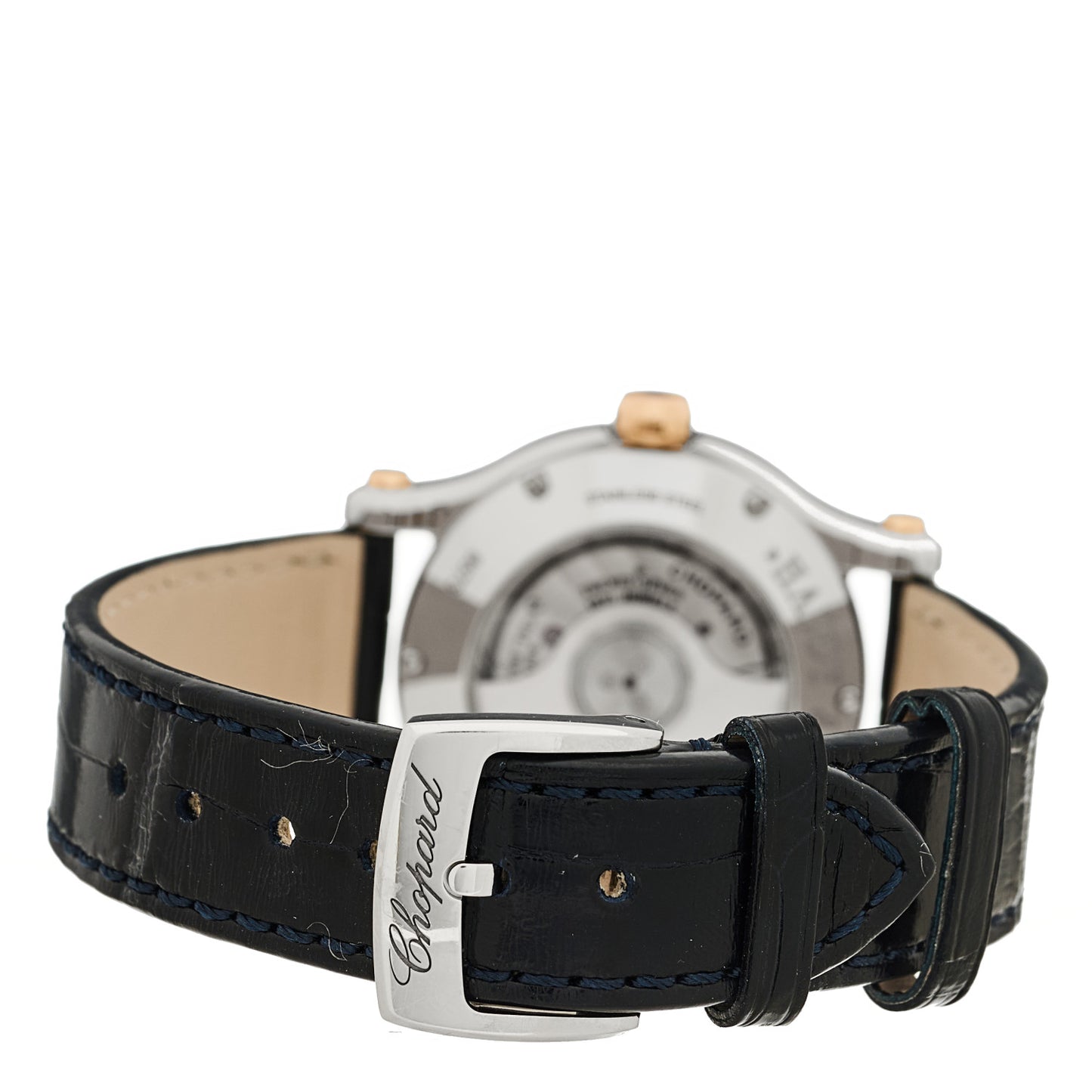 Stainless Steel 18K Rose Gold Alligator Diamond 30mm Happy Sport Sun, Moon and Stars Automatic Watch Blue