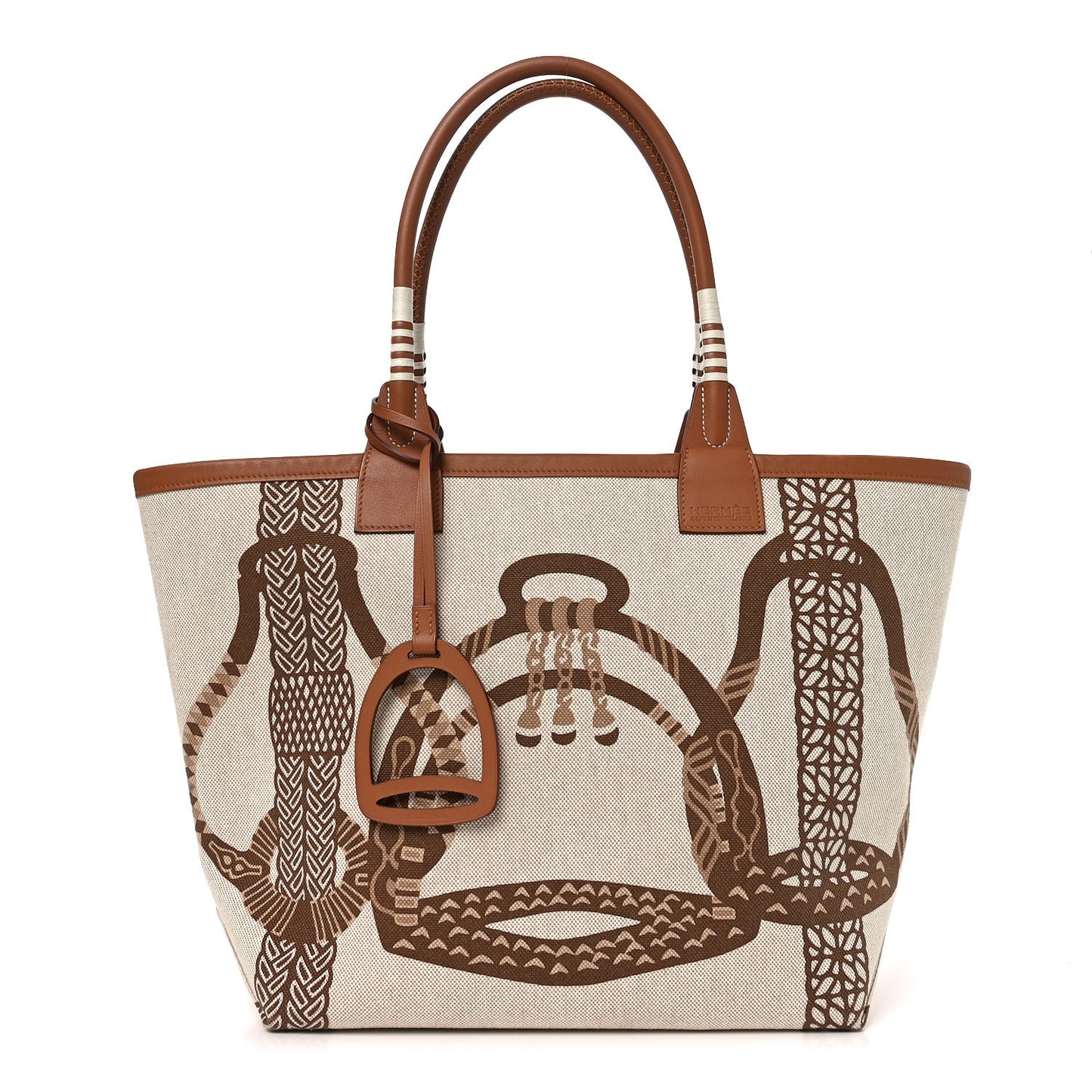 H Plume Canvas Swift Printed Fantaisie d'Etriers Steeple 28 Bag Fauve Ecru Beige Gold