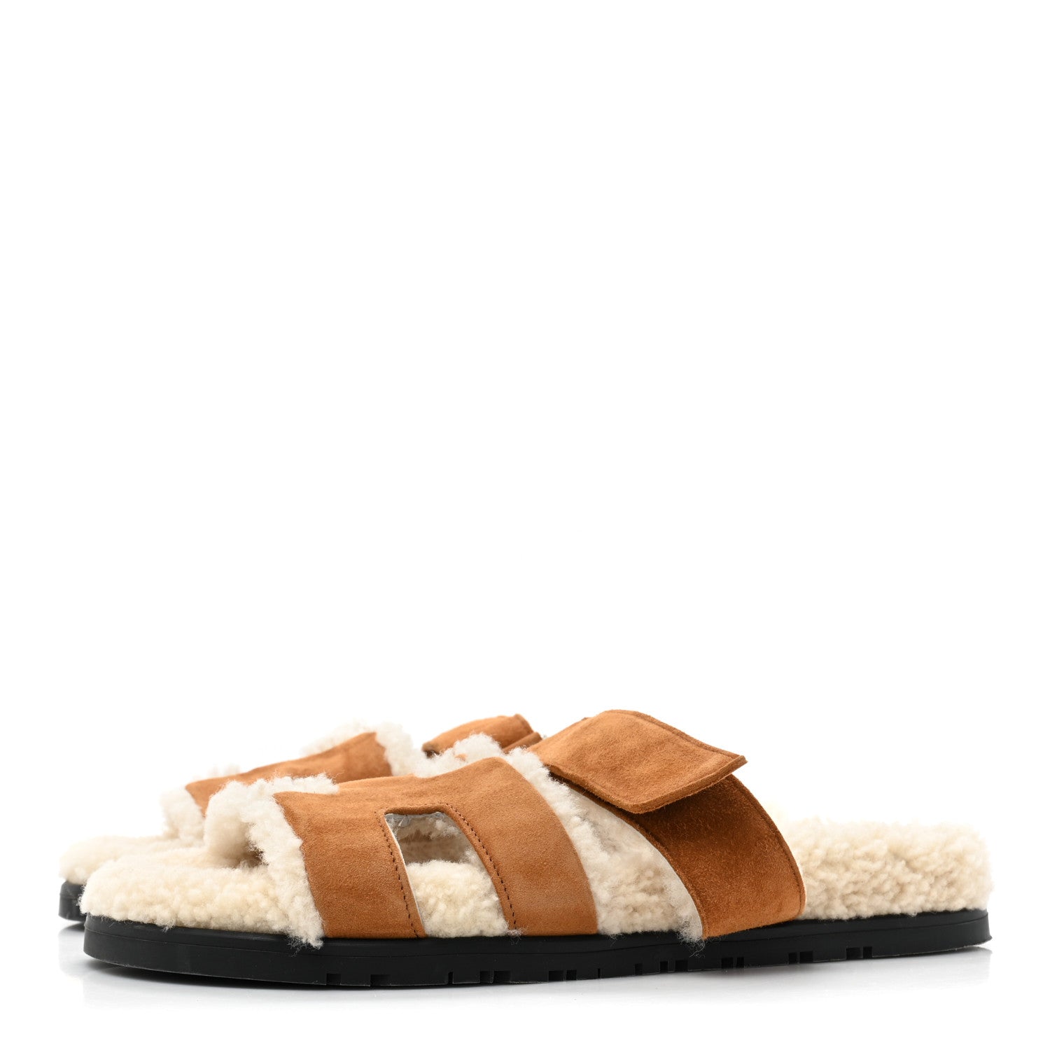 Hermes Suede Goatskin Woolskin Womens Chypre Sandals 38.5 Brun Fume Ecru 4 of 11