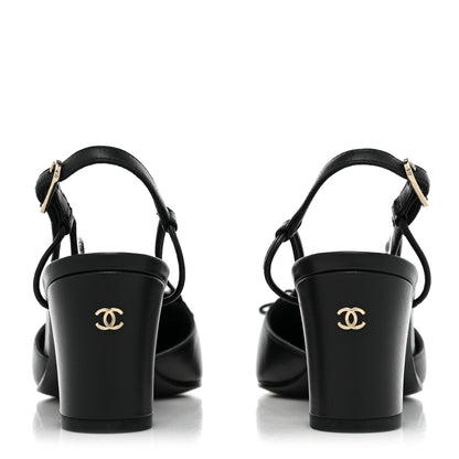 Chanel Lambskin Satin Slingback Cap Toe Bow Pumps 36 Black 4 of 10