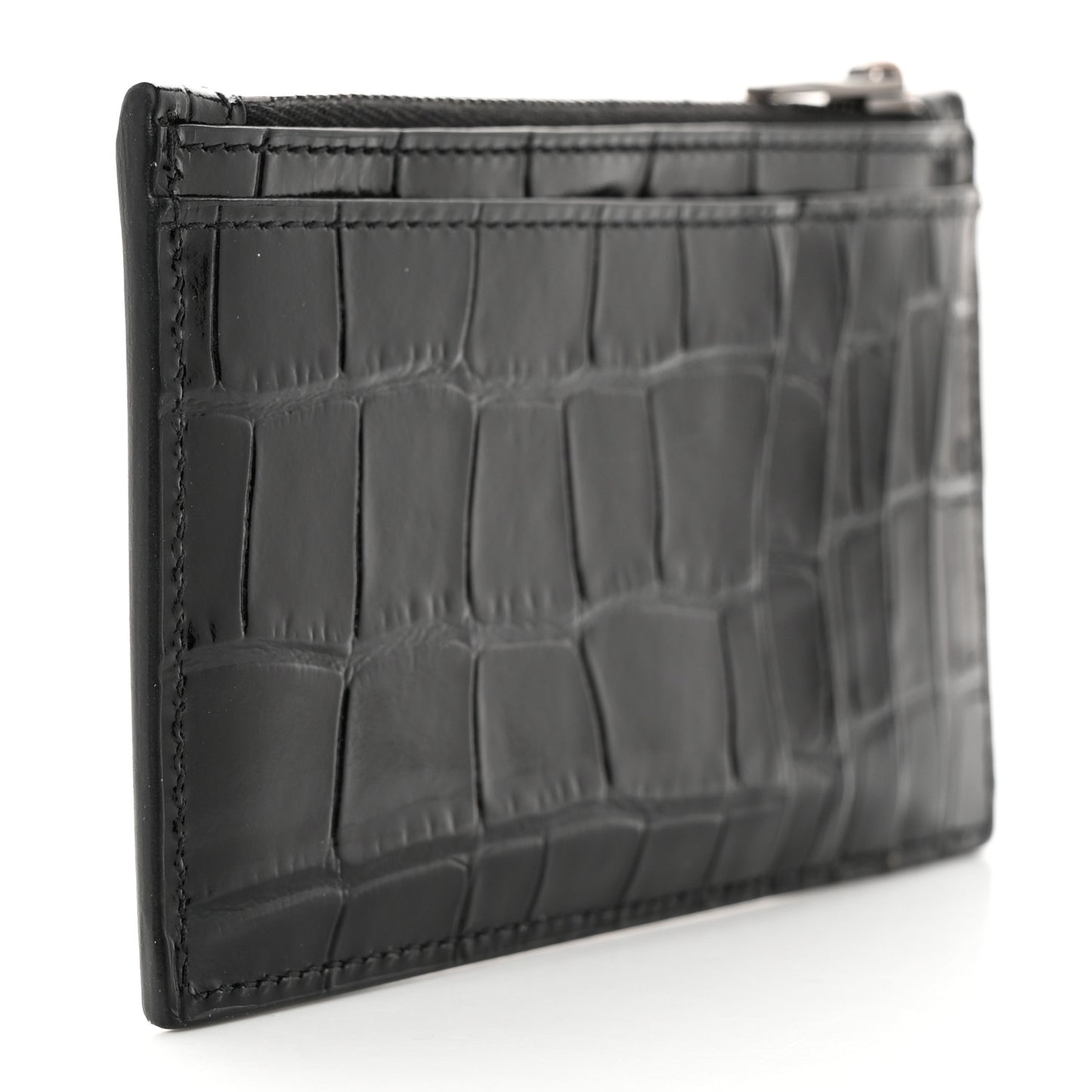Shiny Calfskin Monochrome Crocodile Embossed Hourglass Long Coin Case Card Holder Black