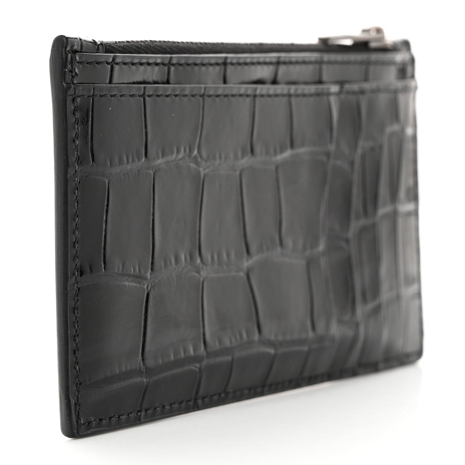 Balenciaga Shiny Calfskin Monochrome Crocodile Embossed Hourglass Long Coin Case Card Holder Black 3 of 7