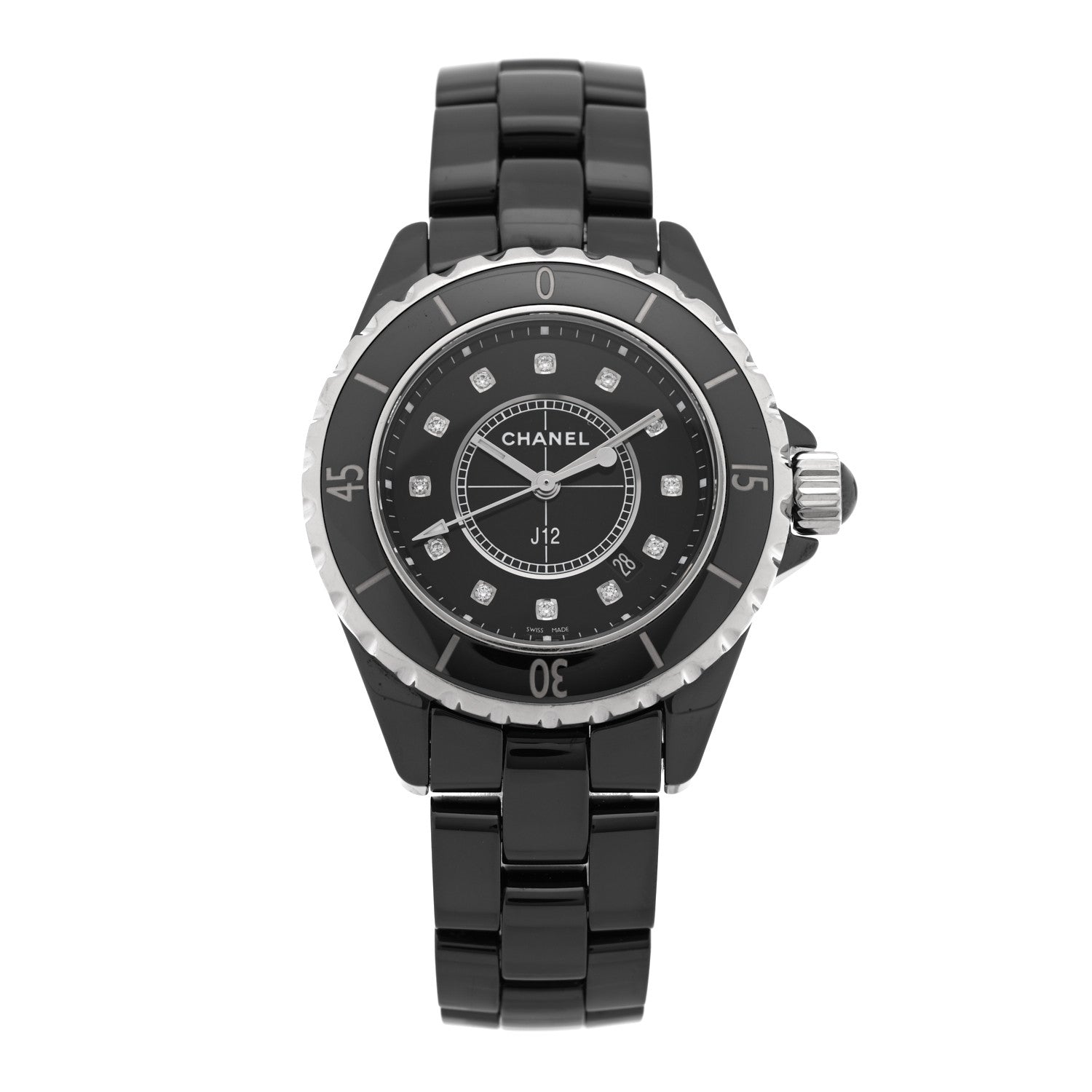 Chanel Stainless Steel Ceramic Diamond 33mm J12 Quartz Watch Black 1 of 5