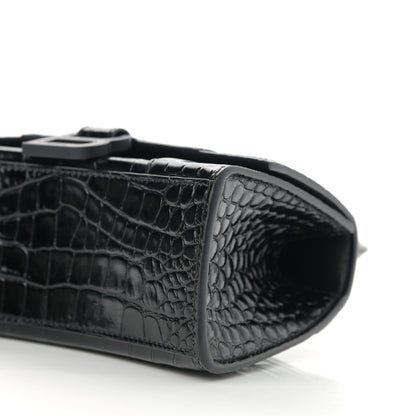 Balenciaga Shiny Calfskin Monochrome Crocodile Embossed Hourglass Top Handle Bag XS Black 10 of 11
