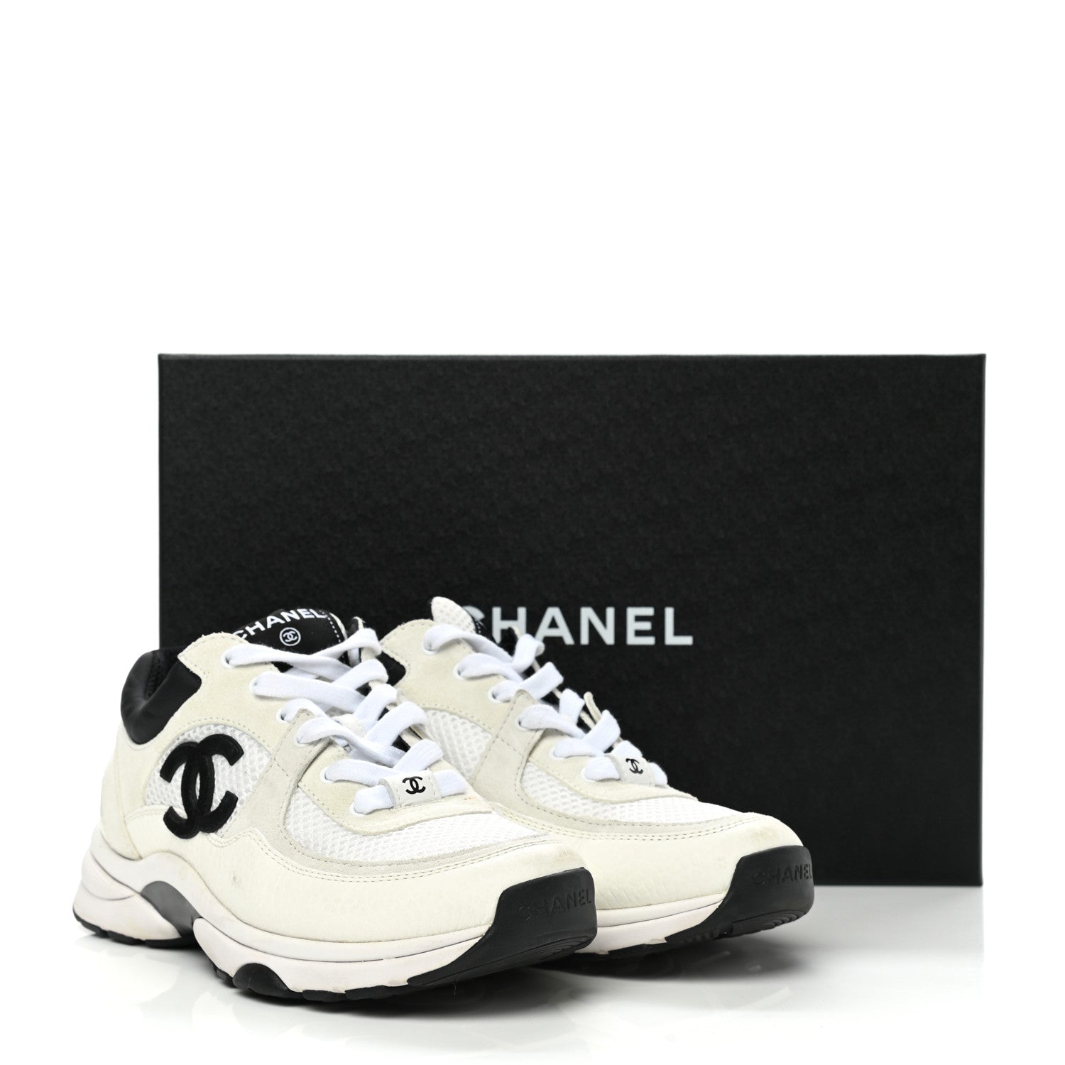 Chanel Mesh Suede Calfskin Grained Calfskin Womens CC Sneakers 36 White Black 12 of 12