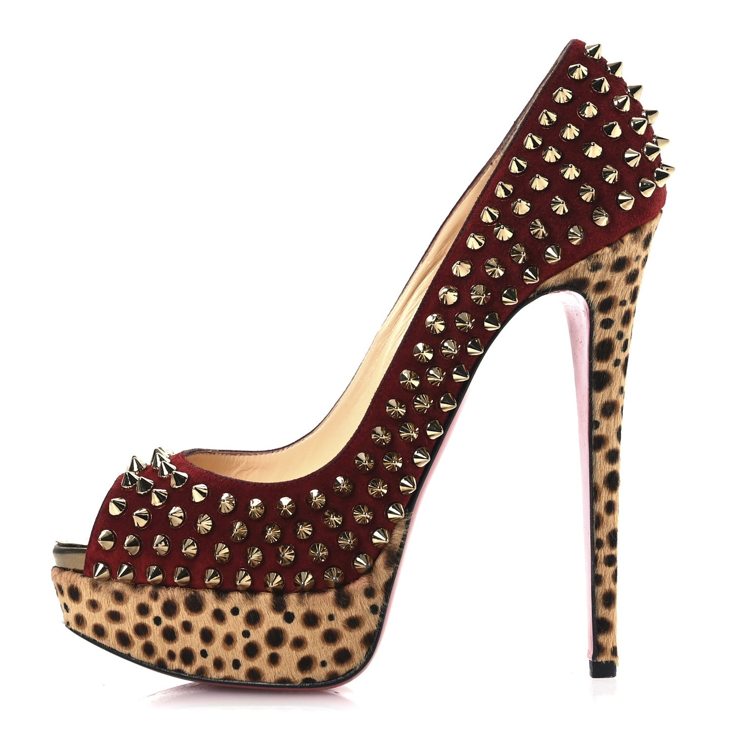 Veau Velours Calf Hair Leopard Lady Peep Spikes 150 Pumps 38 Red