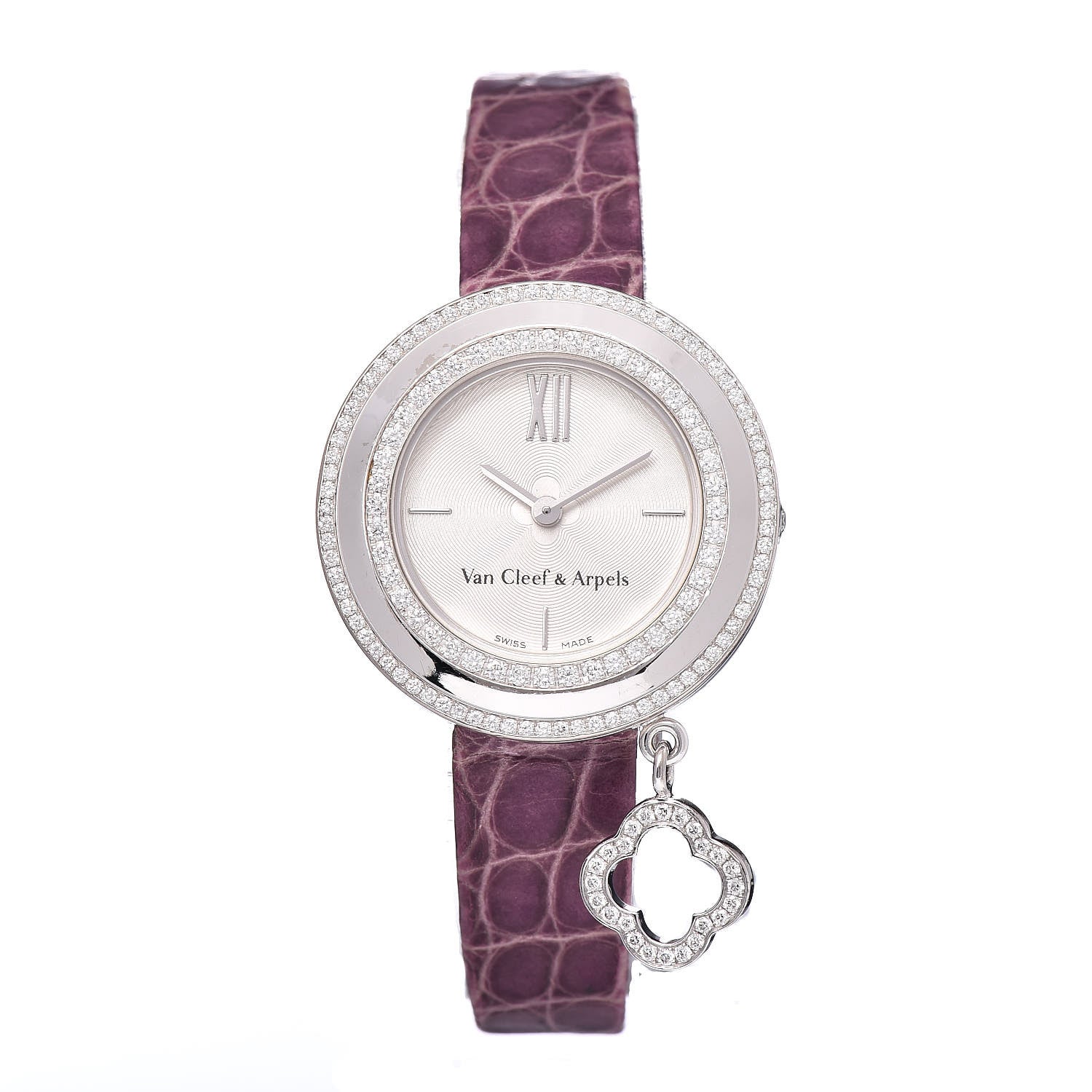 Van Cleef & Arpels 18K White Gold Alligator Diamond Bezel 25mm Charms Quartz Watch 1 of 7