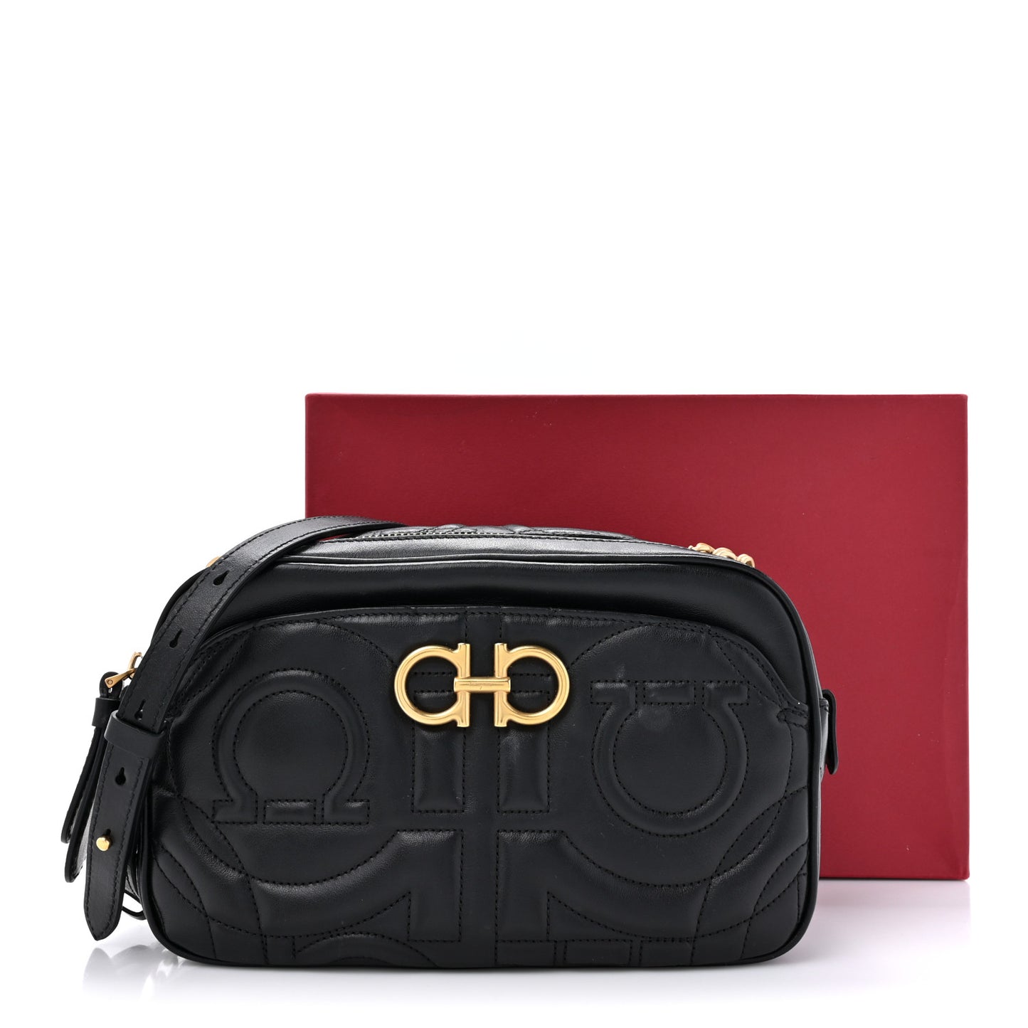 SALVATORE FERRAGAMO Calfskin Quilted Gancini Camera Bag Black