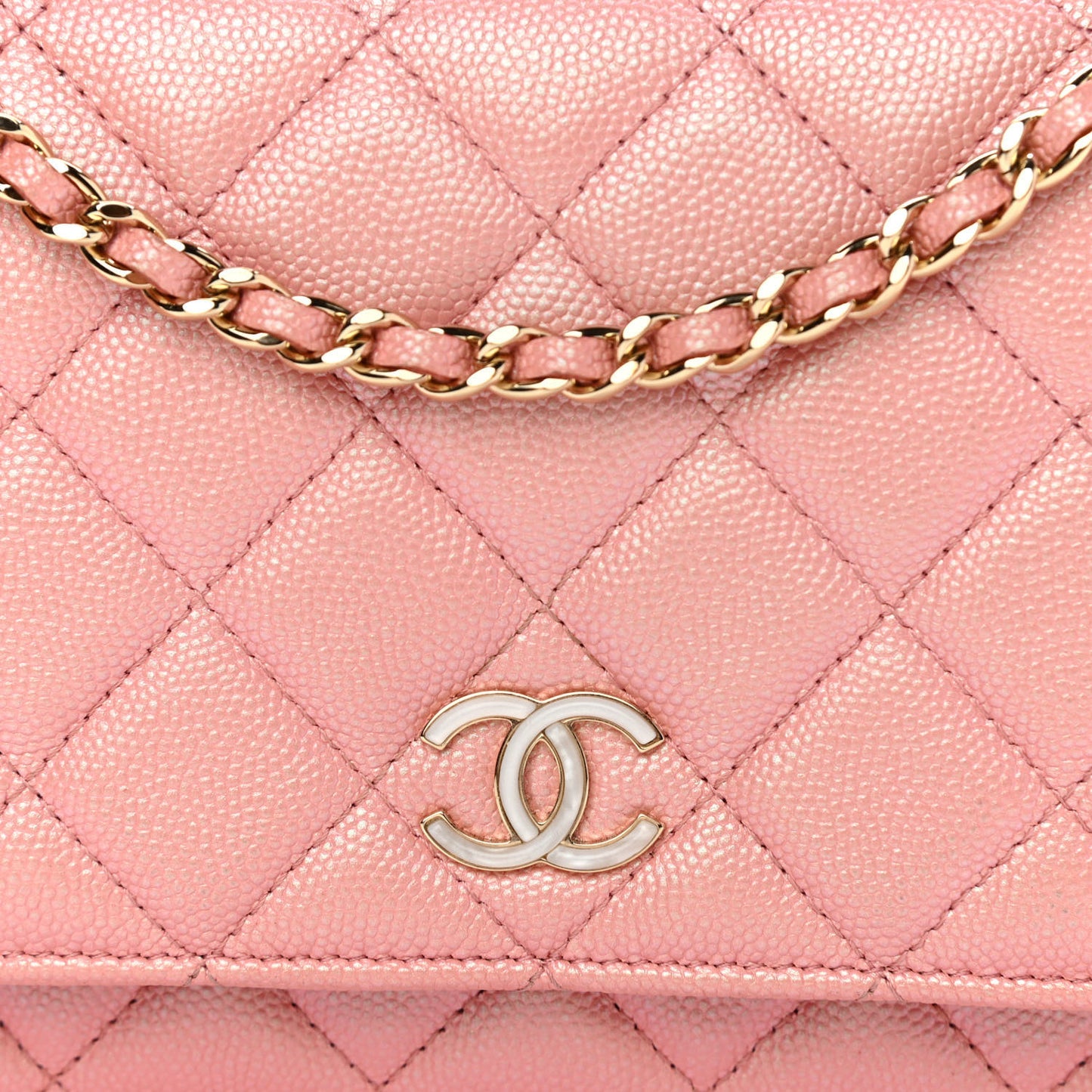 Iridescent Caviar Quilted Wallet on Chain WOC Rose Pink