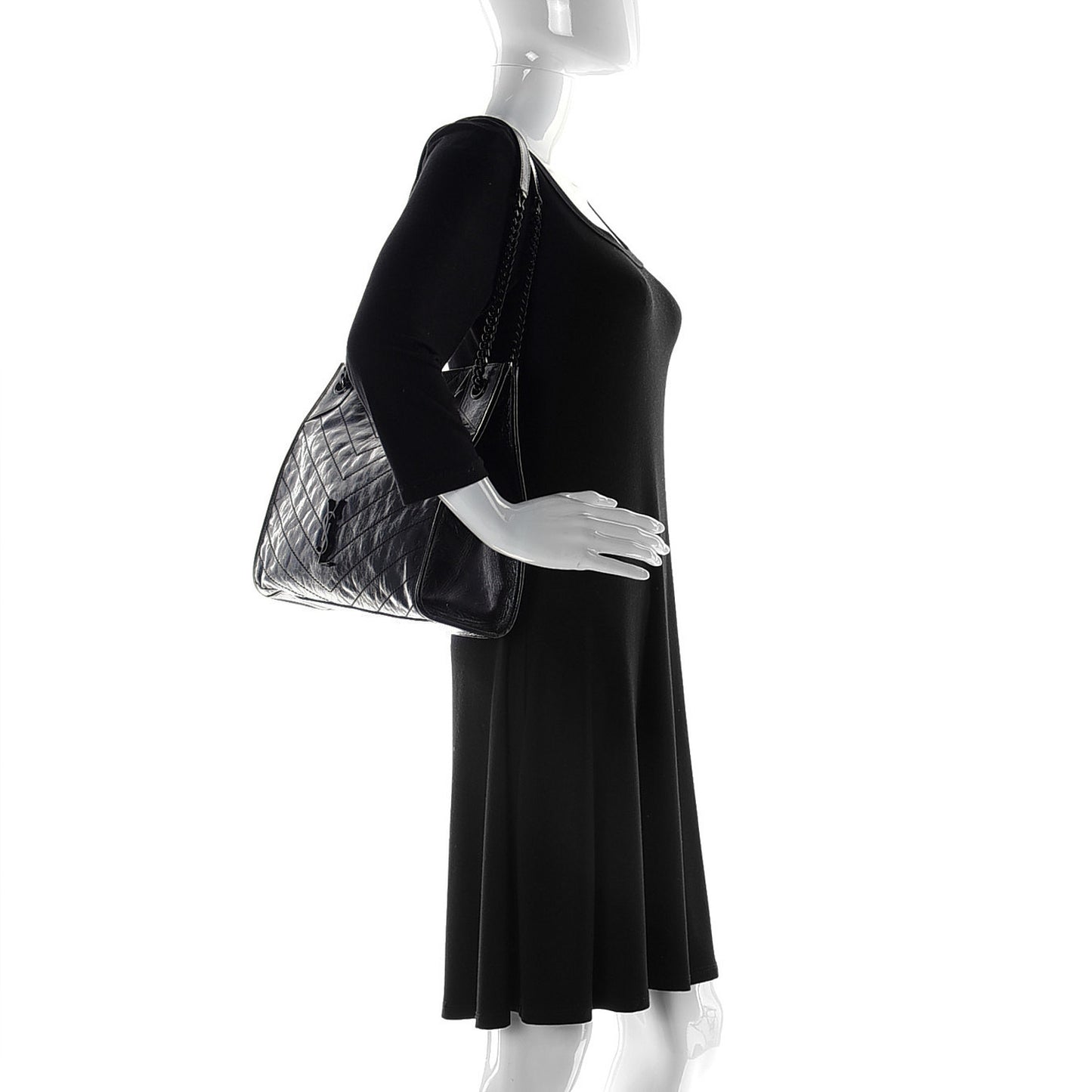 Crinkled Calfskin Matelasse Monogram Medium Niki Shopper Tote Black