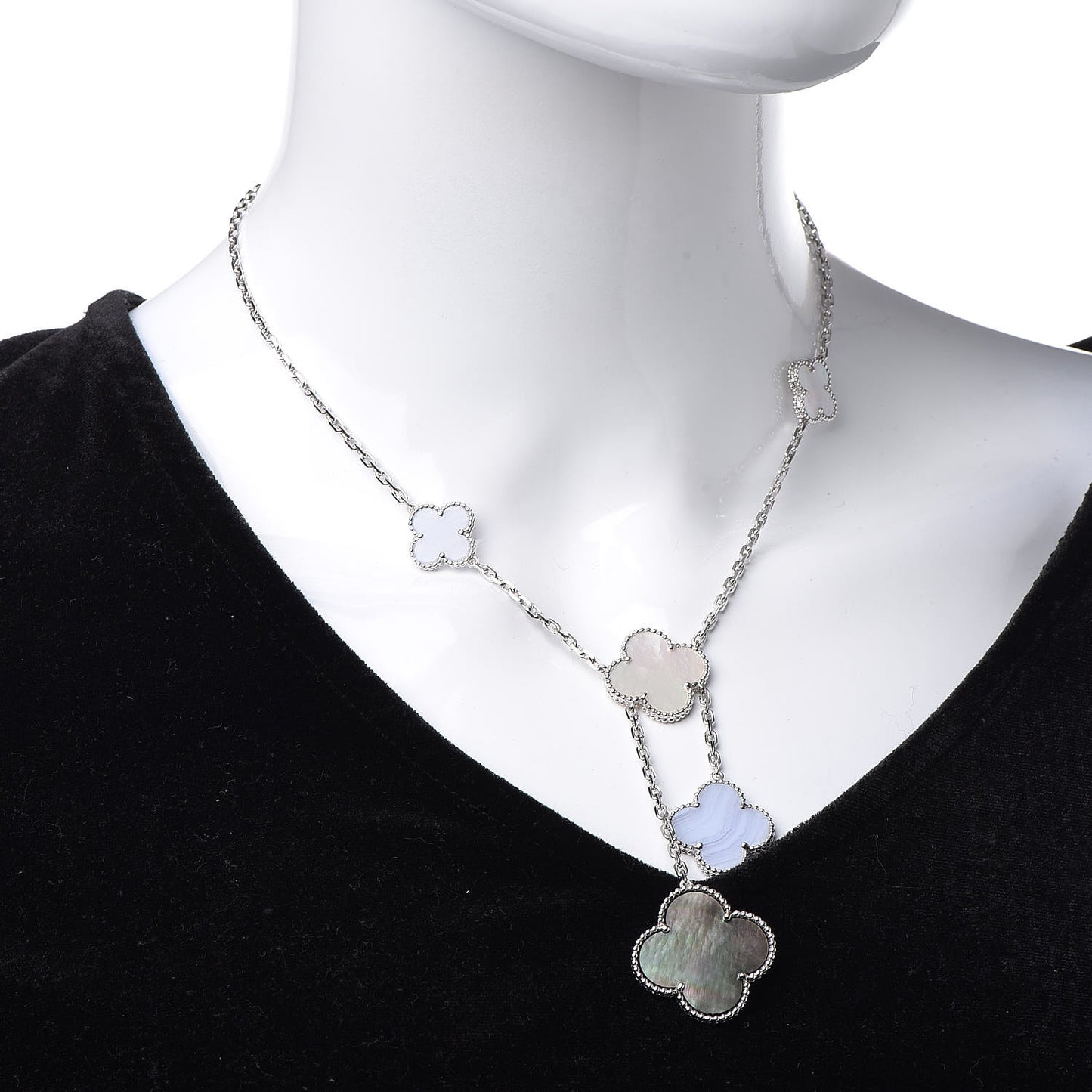 18K White Gold Mother of Pearl Chalcedony 6 Motifs Magic Alhambra Necklace