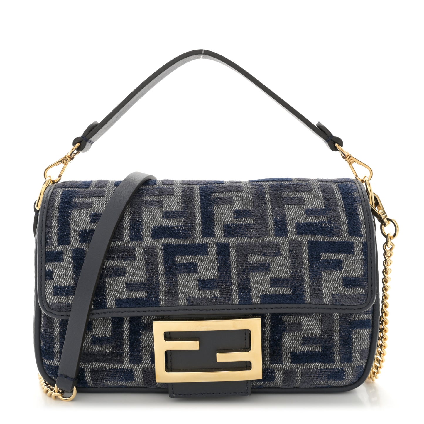 Chenille Vitello Grace FF Embroidered Mini Baguette Dark Blue Grey