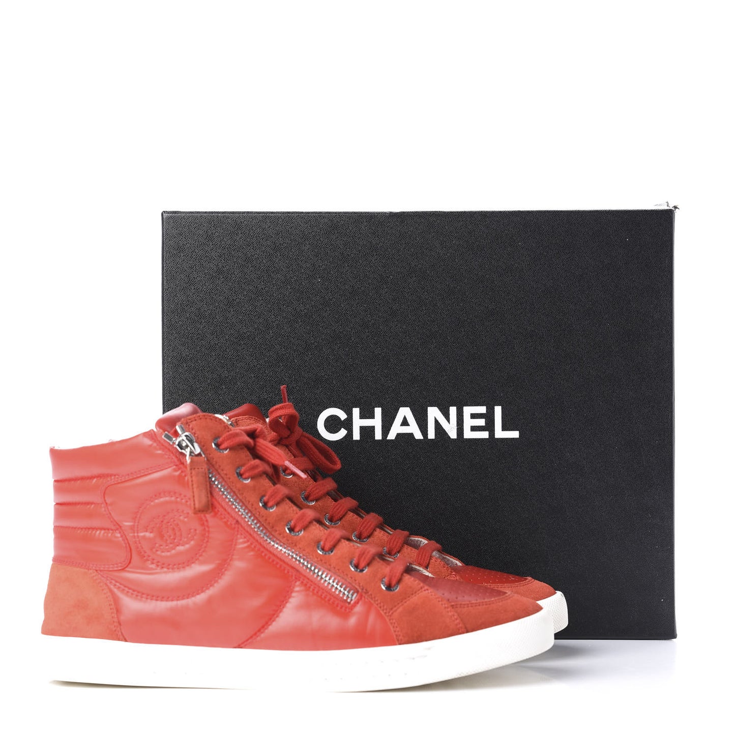 Calfskin Pearl High Top CC Sneakers 39 Red
