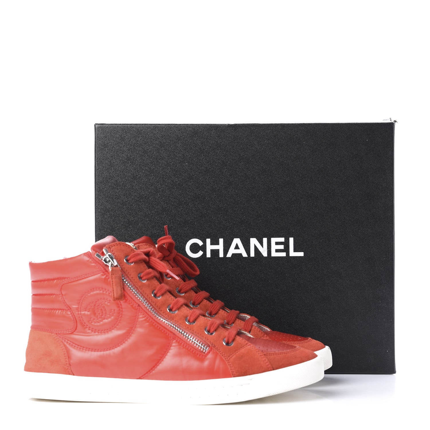 Chanel Calfskin Pearl High Top CC Sneakers 39 Red 10 of 10