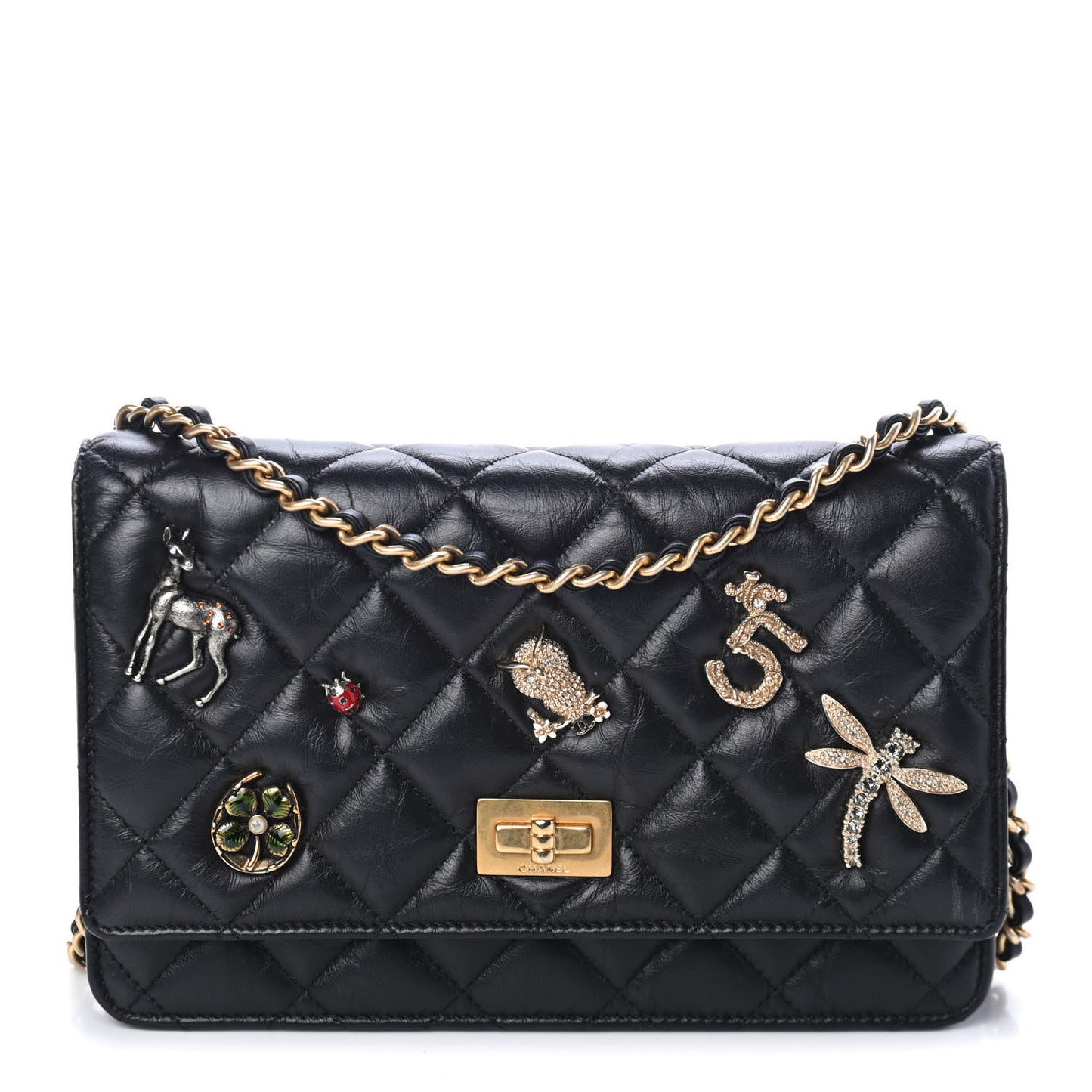 Aged Calfskin Quilted Lucky Charms 2.55 Reissue Wallet On Chain WOC Black