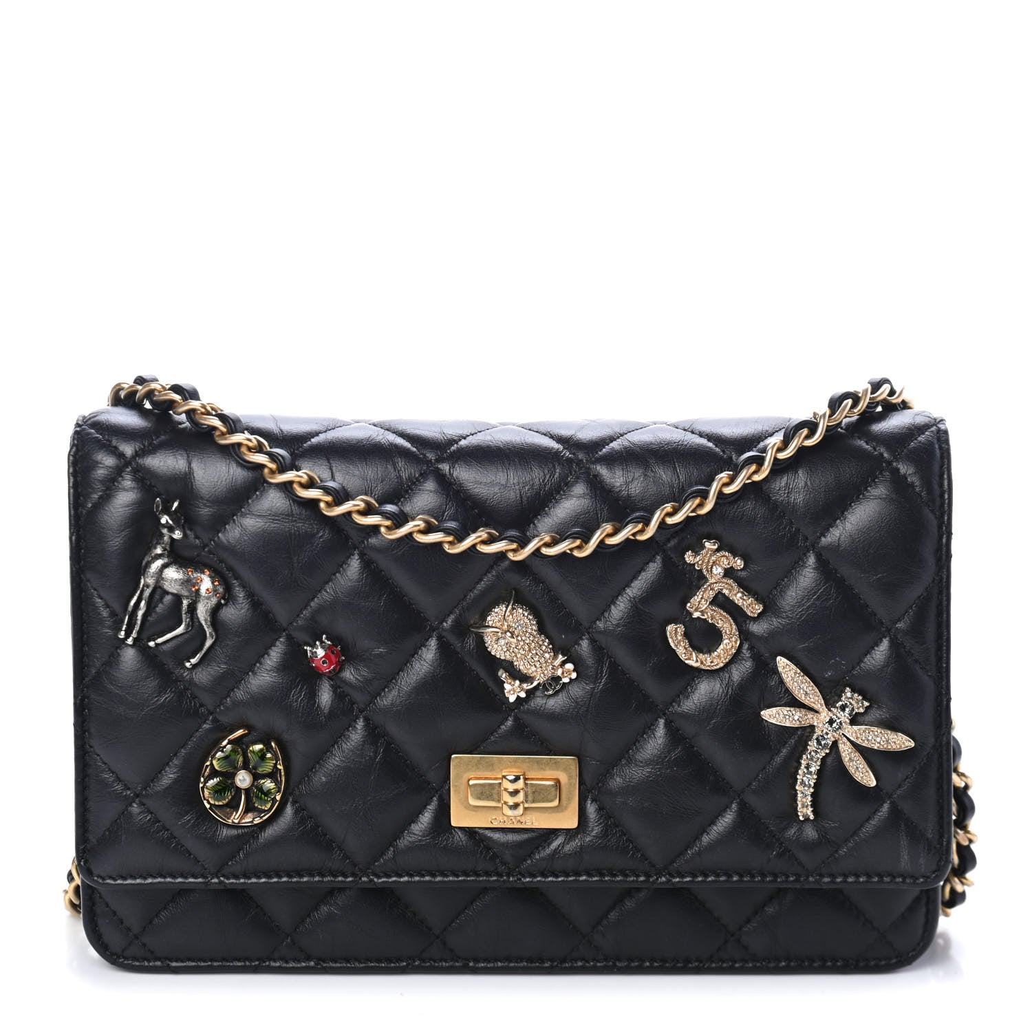 Chanel Aged Calfskin Quilted Lucky Charms 2.55 Reissue Wallet On Chain WOC Black 1 of 4