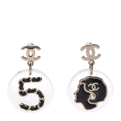 Chanel Resin Lambskin Chain N°5 Coco CC Drop Earrings Black Gold 1 of 5