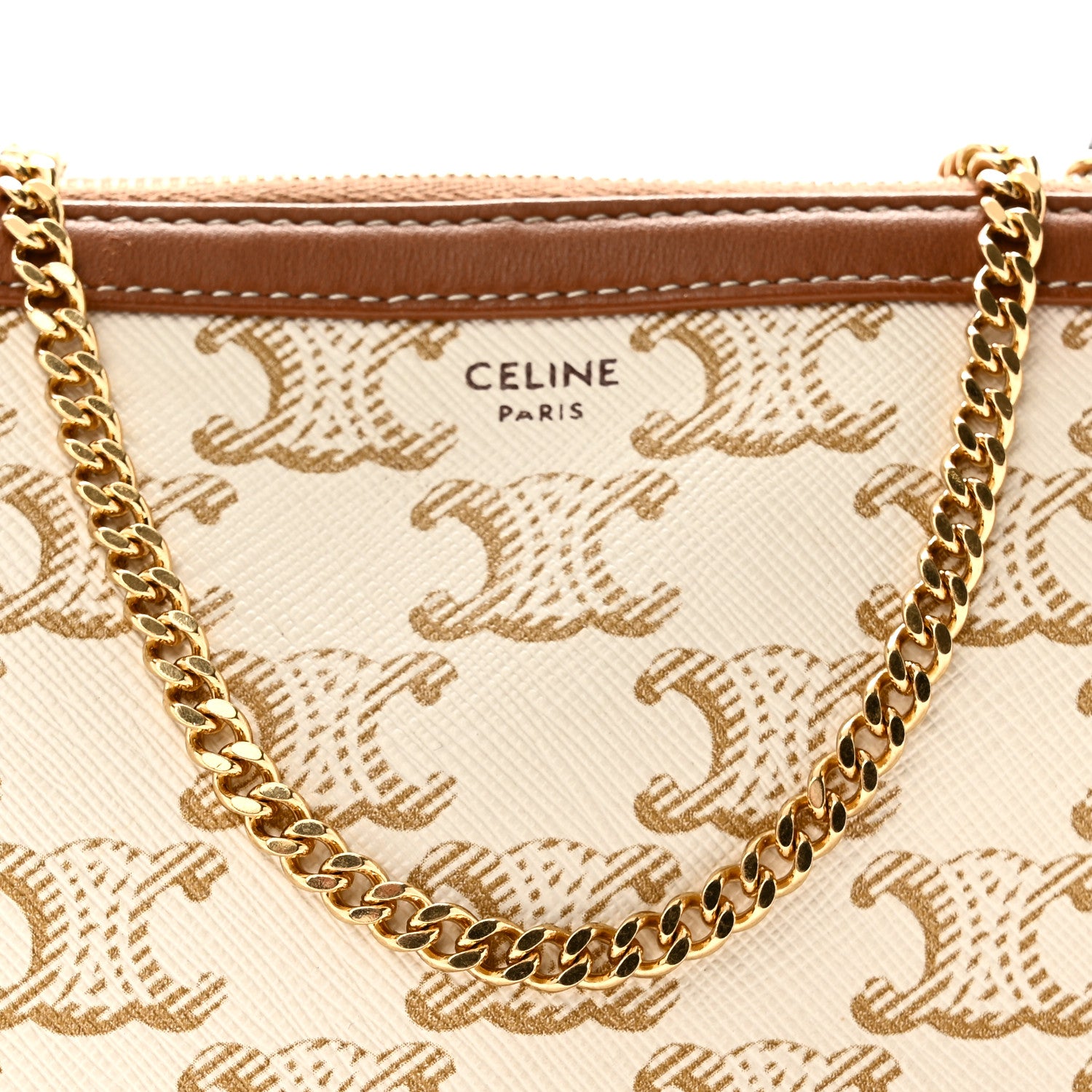 Celine Lambskin Triomphe Canvas Clutch With Chain White Tan 8 of 10