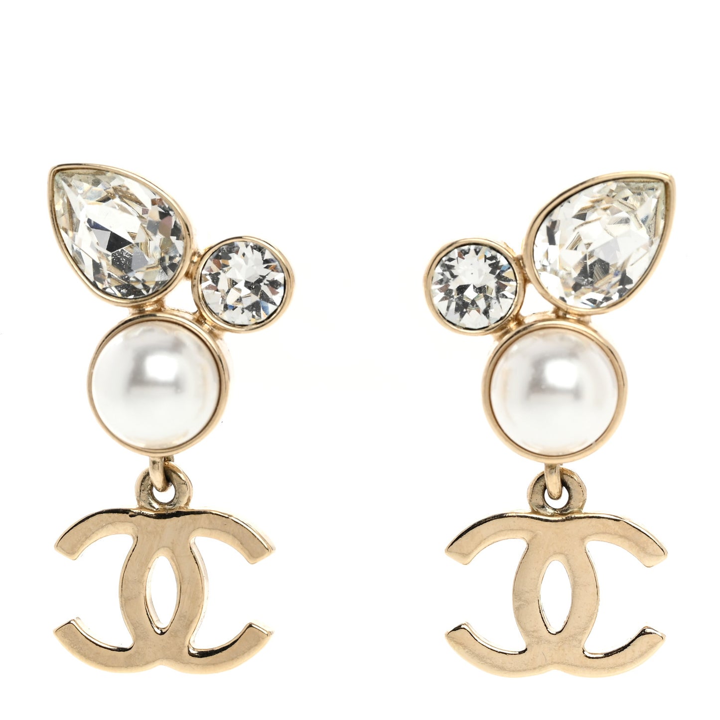 Pearl Crystal CC Drop Earrings Gold