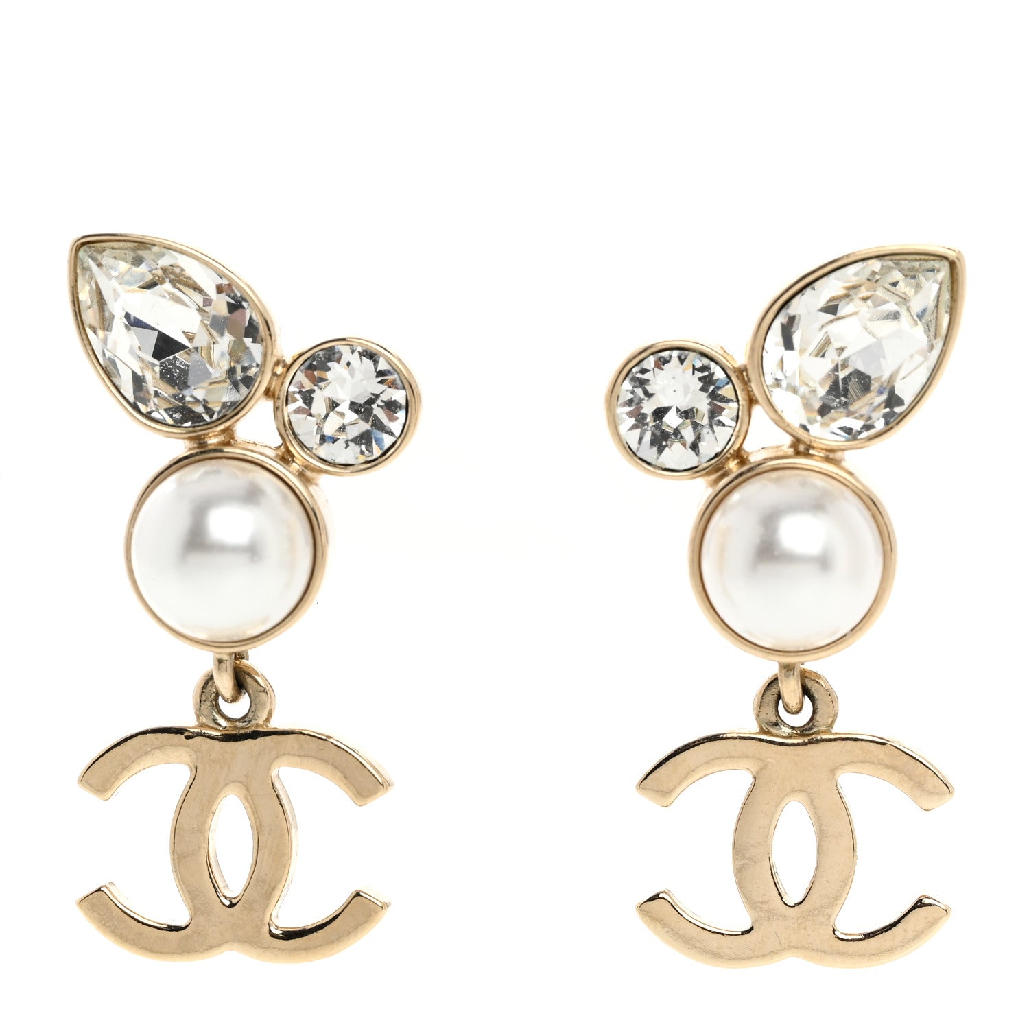 Chanel Pearl Crystal CC Drop Earrings Gold 1 of 5