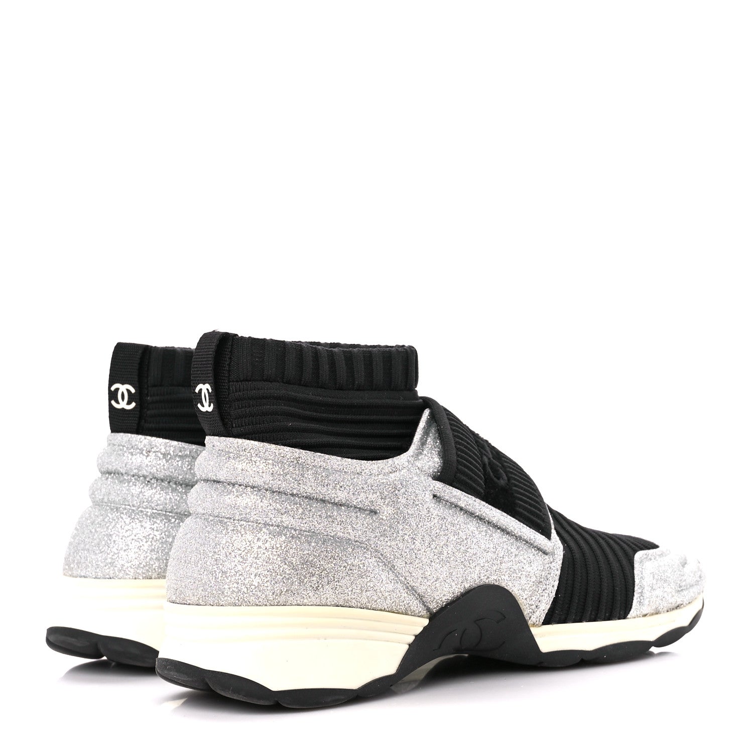 Chanel Glitter Stretch Fabric CC Sneakers 35 Black Silver 4 of 8