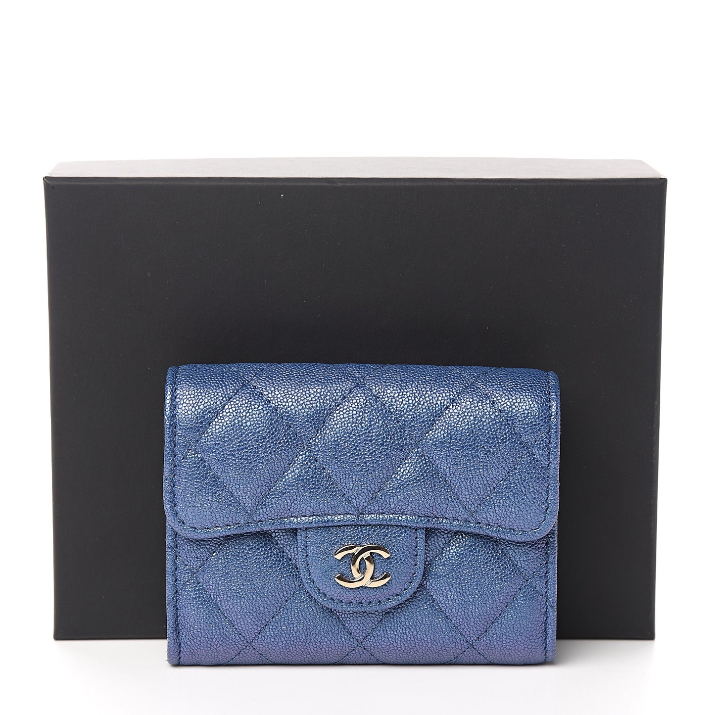 Iridescent Caviar Quilted Flap Card Holder Wallet Dark Blue